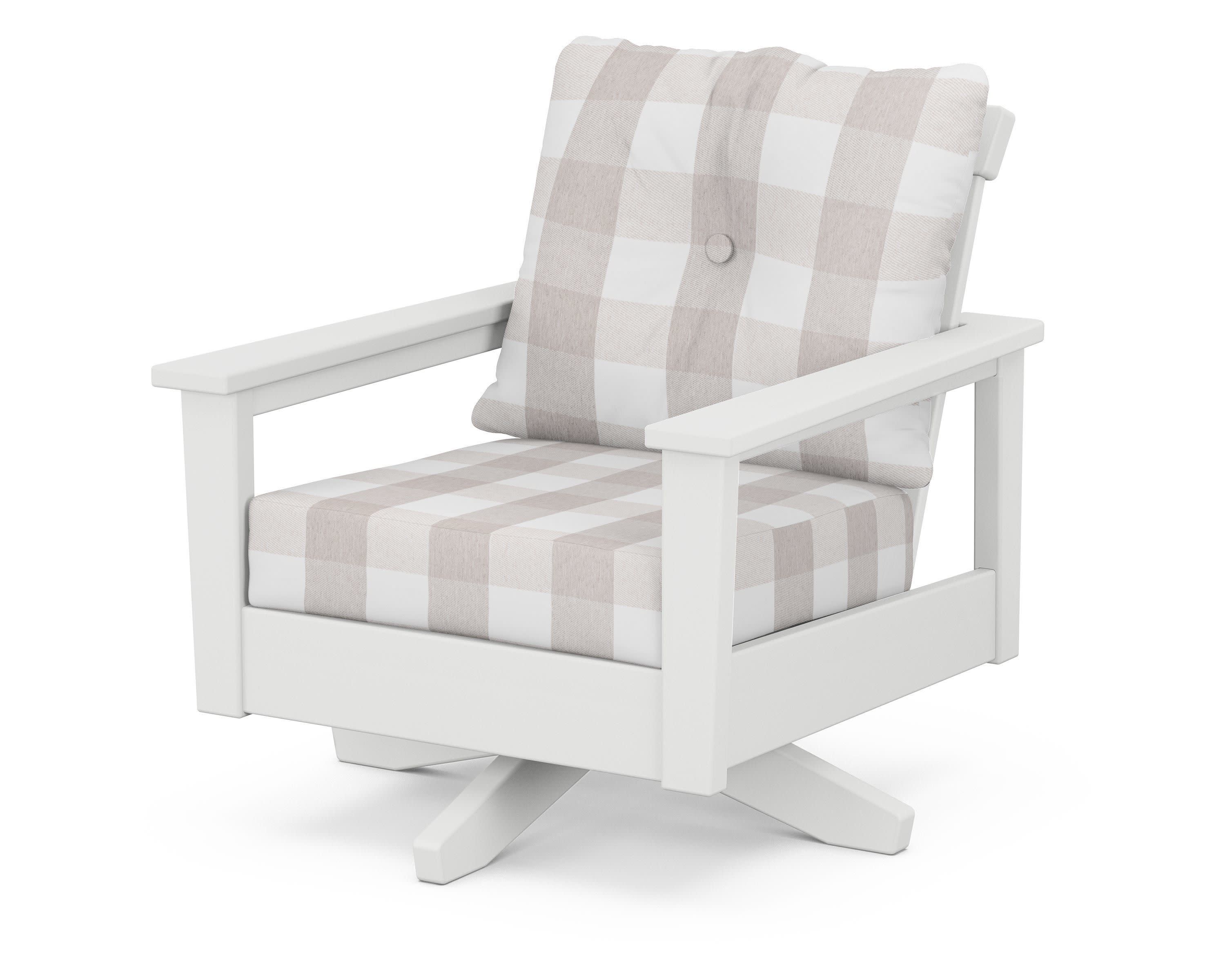 Prescott Deep Seating Swivel Chair in White / Buffalo Plaid Dune Burlap