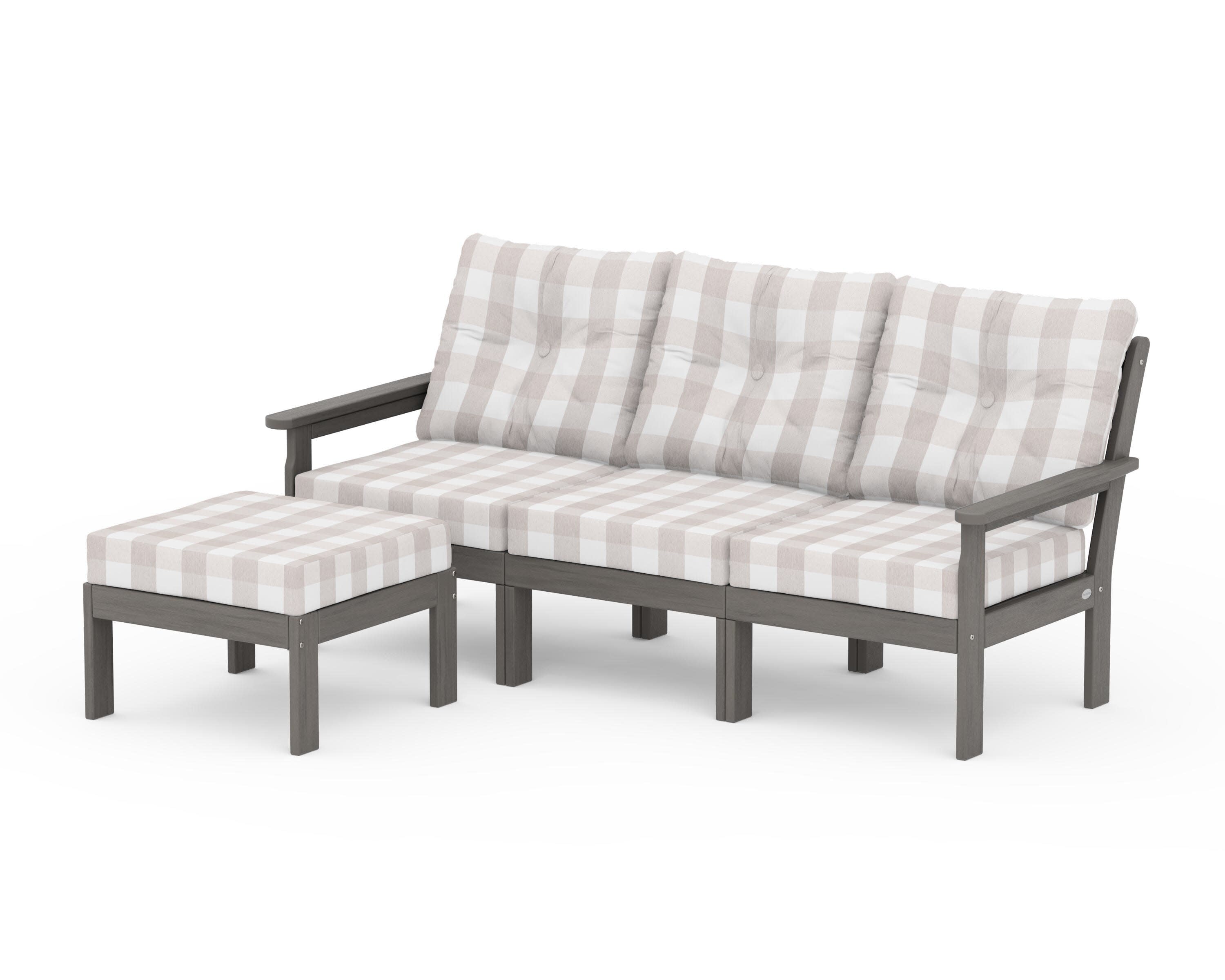 Vineyard 4-Piece Sectional with Ottoman in Driftwood / Buffalo Plaid Dune Burlap