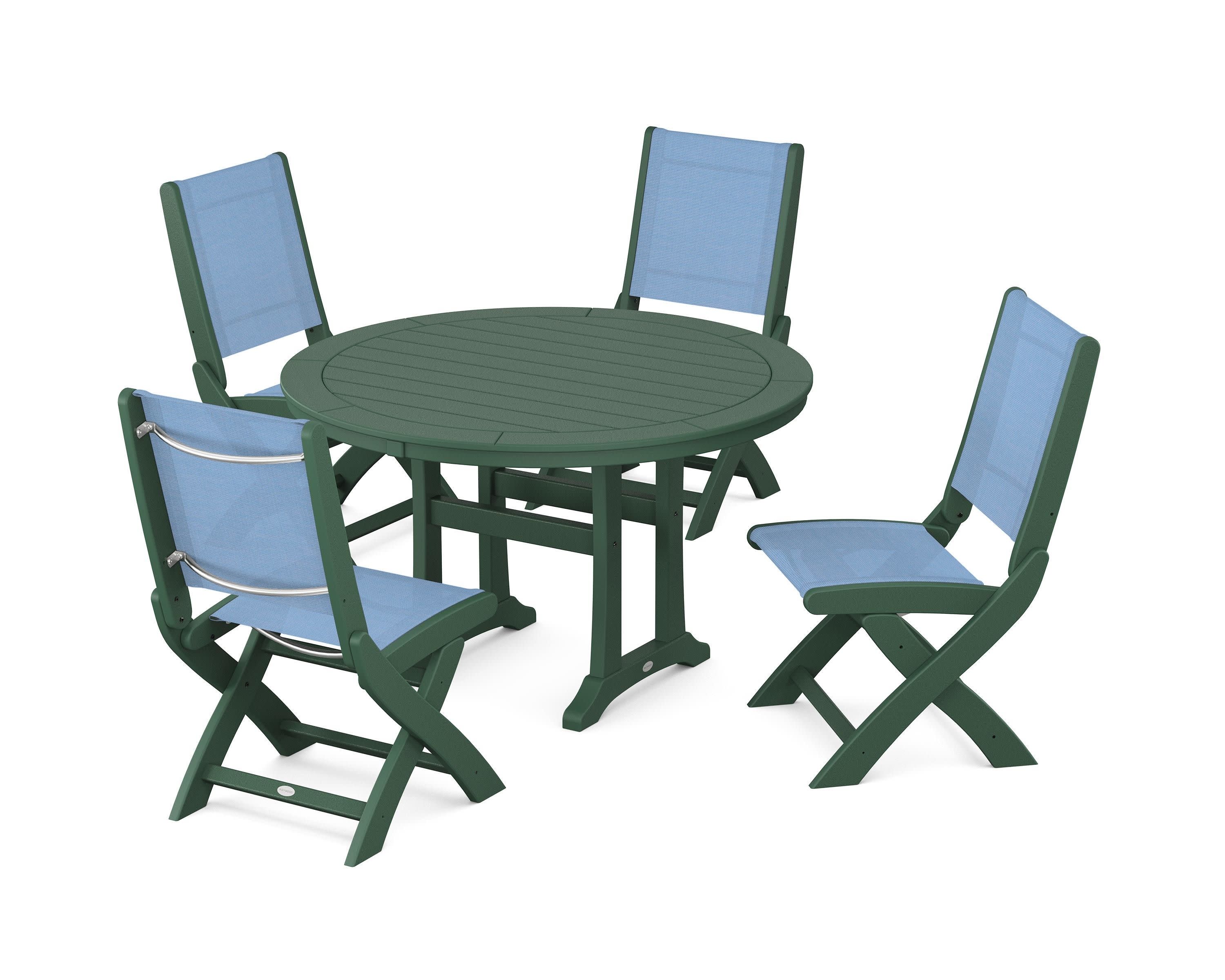 Coastal Folding Side Chair 5-Piece Round Dining Set With Trestle Legs in Green / Poolside Sling