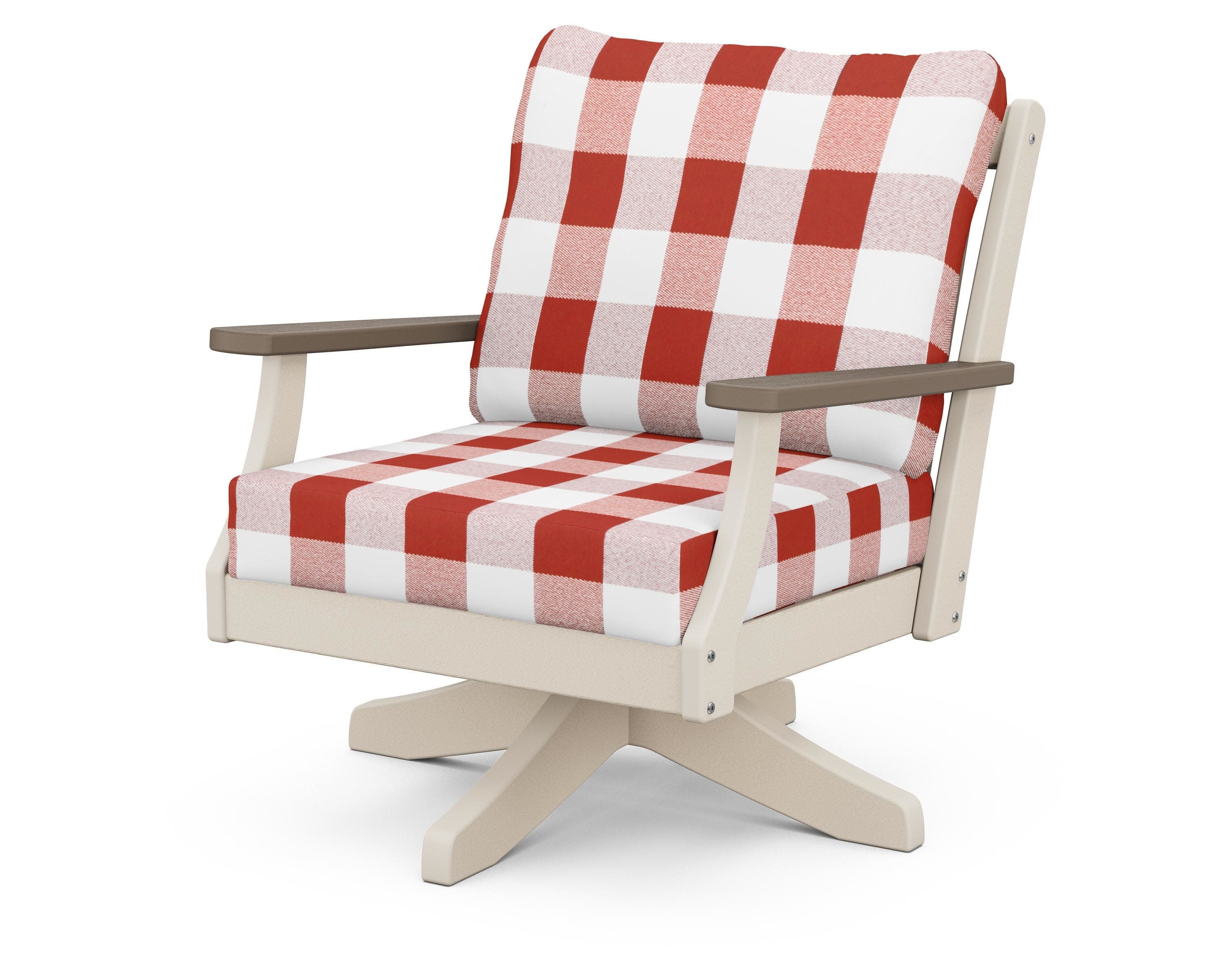 Braxton Deep Seating Swivel Chair in Sand / Kona / Buffalo Plaid Crimson