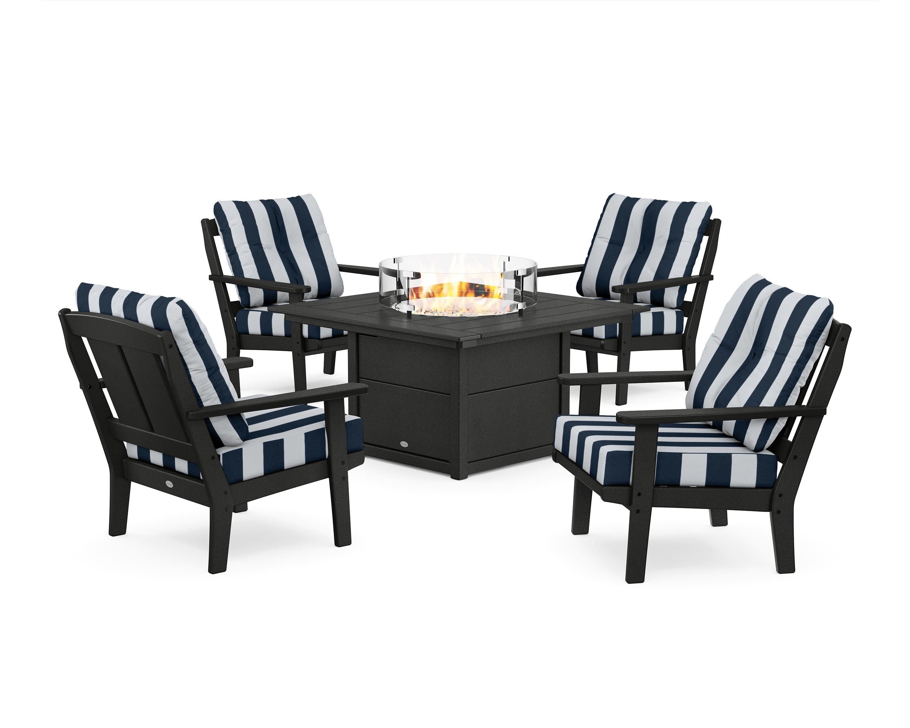 Mission 5-Piece Deep Seating Set with Fire Pit Table in Black / Cabana Stripe Marine Indigo