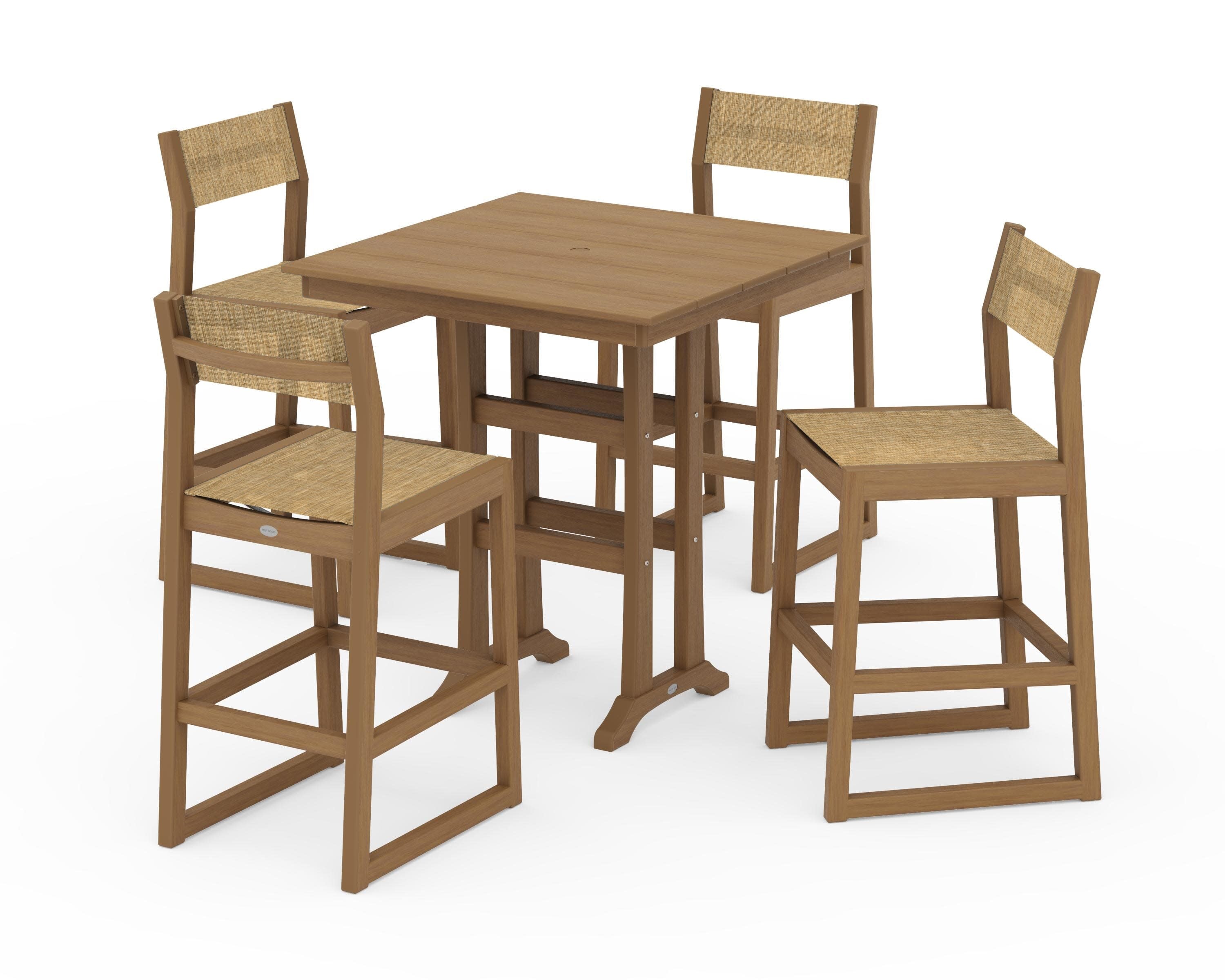 EDGE Sling Arm Chair 5-Piece Farmhouse Bar Set with Trestle Legs in Natural / Burlap Sling