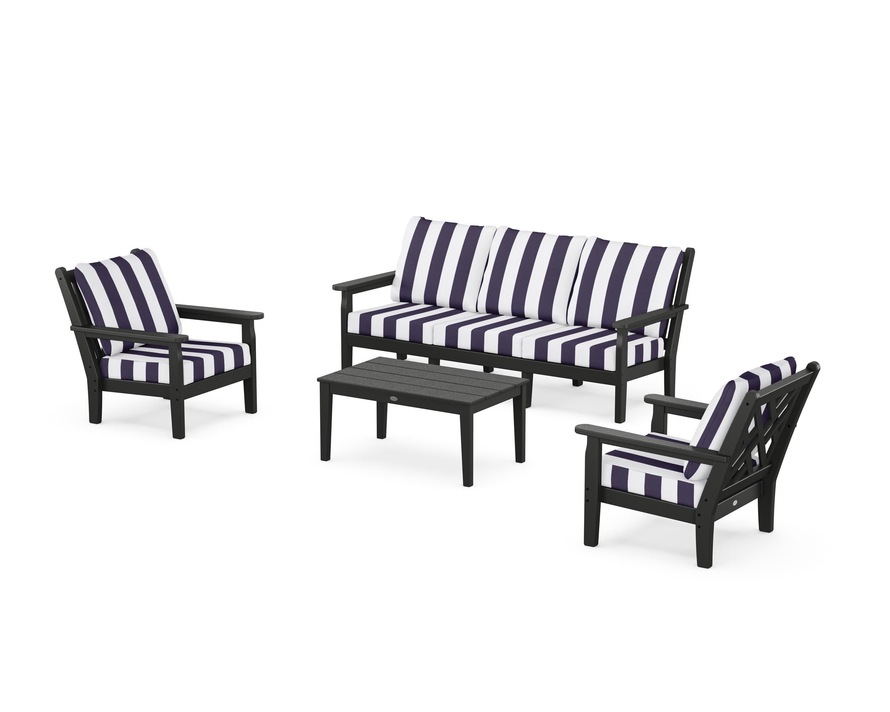 Chippendale 4-Piece Deep Seating Set with Sofa in Black / Cabana Stripe Navy