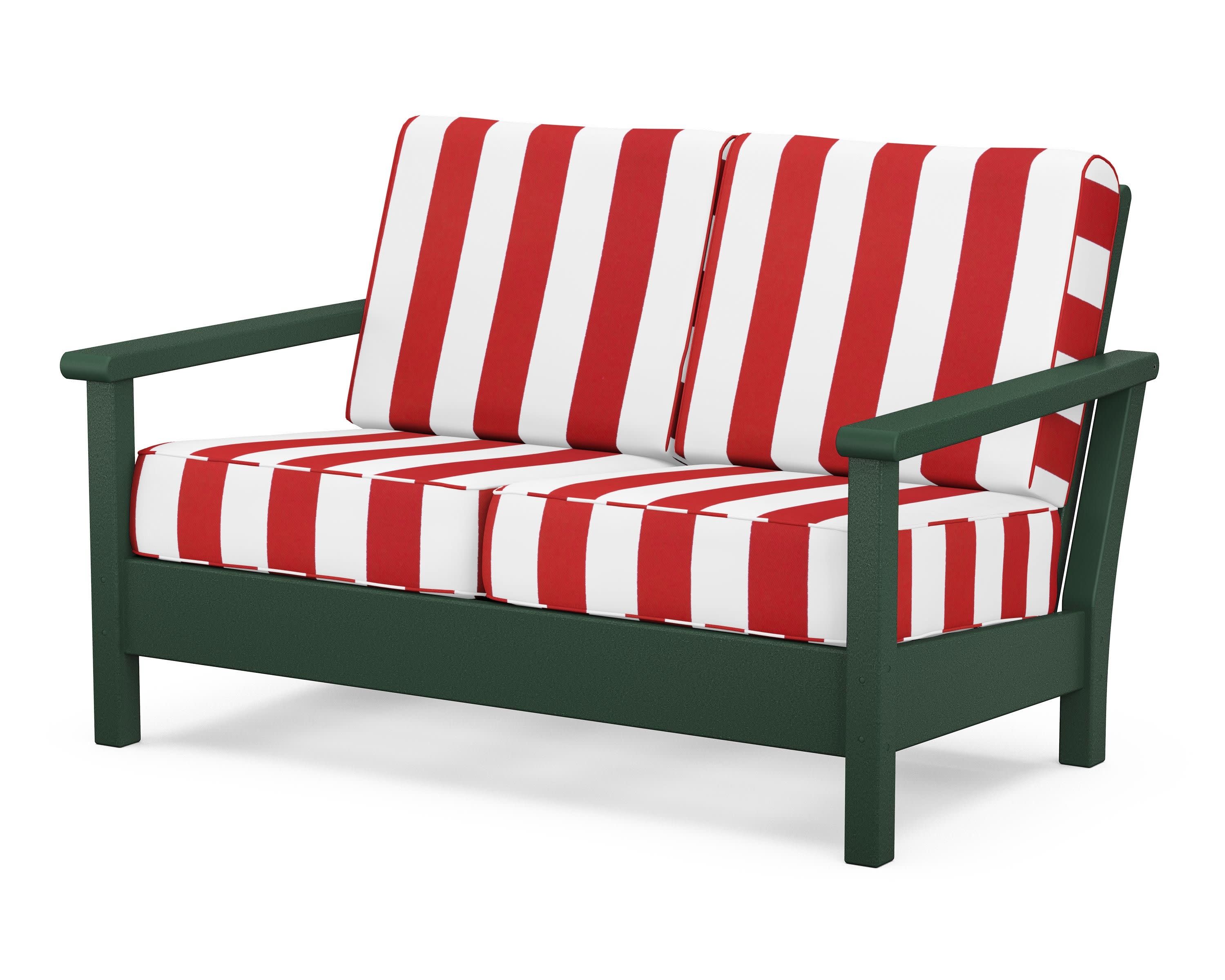 Harbour Deep Seating Loveseat in Green / Cabana Stripe Crimson