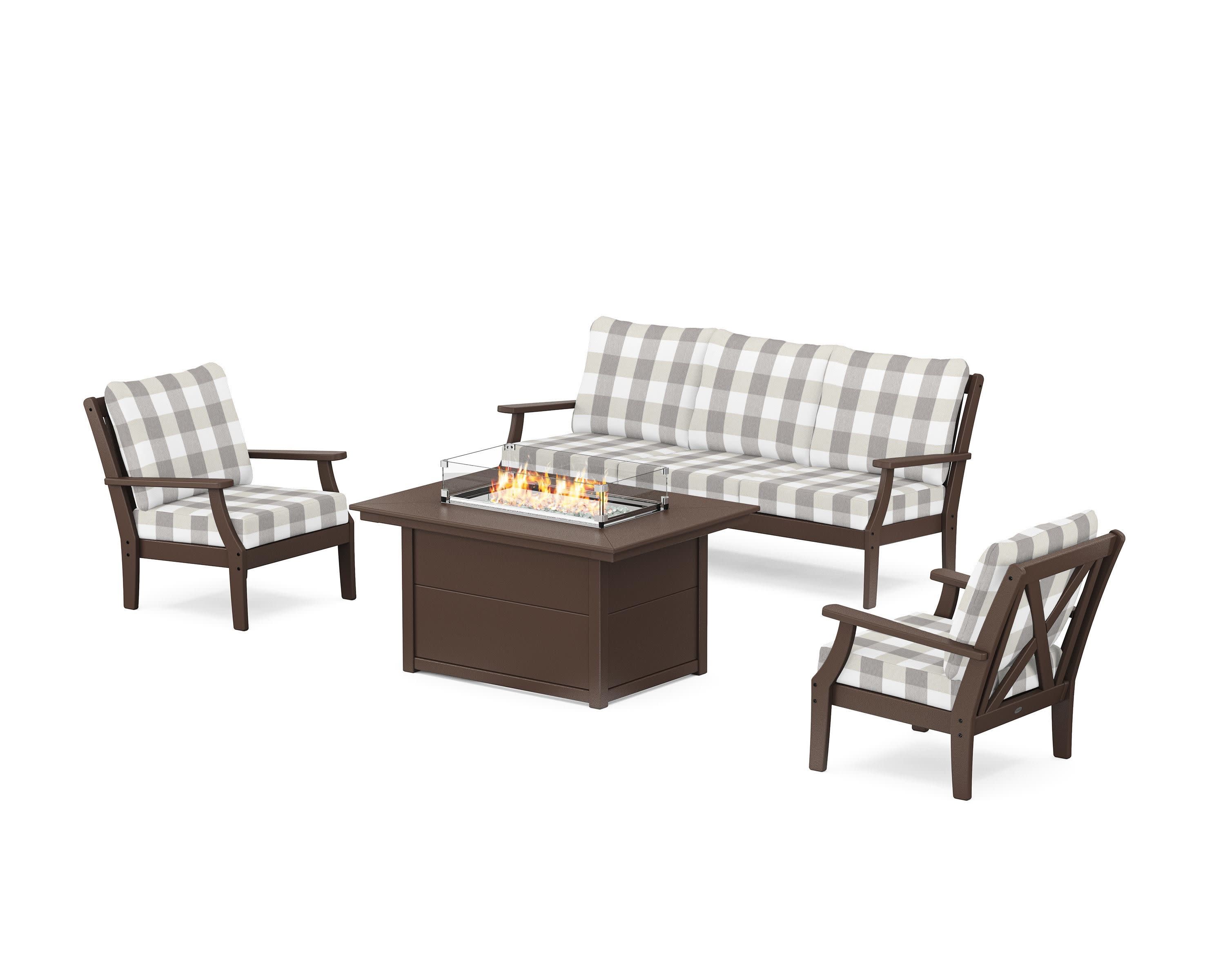 Braxton Deep Seating Fire Pit Table Set in Mahogany / Buffalo Plaid Grey Mist