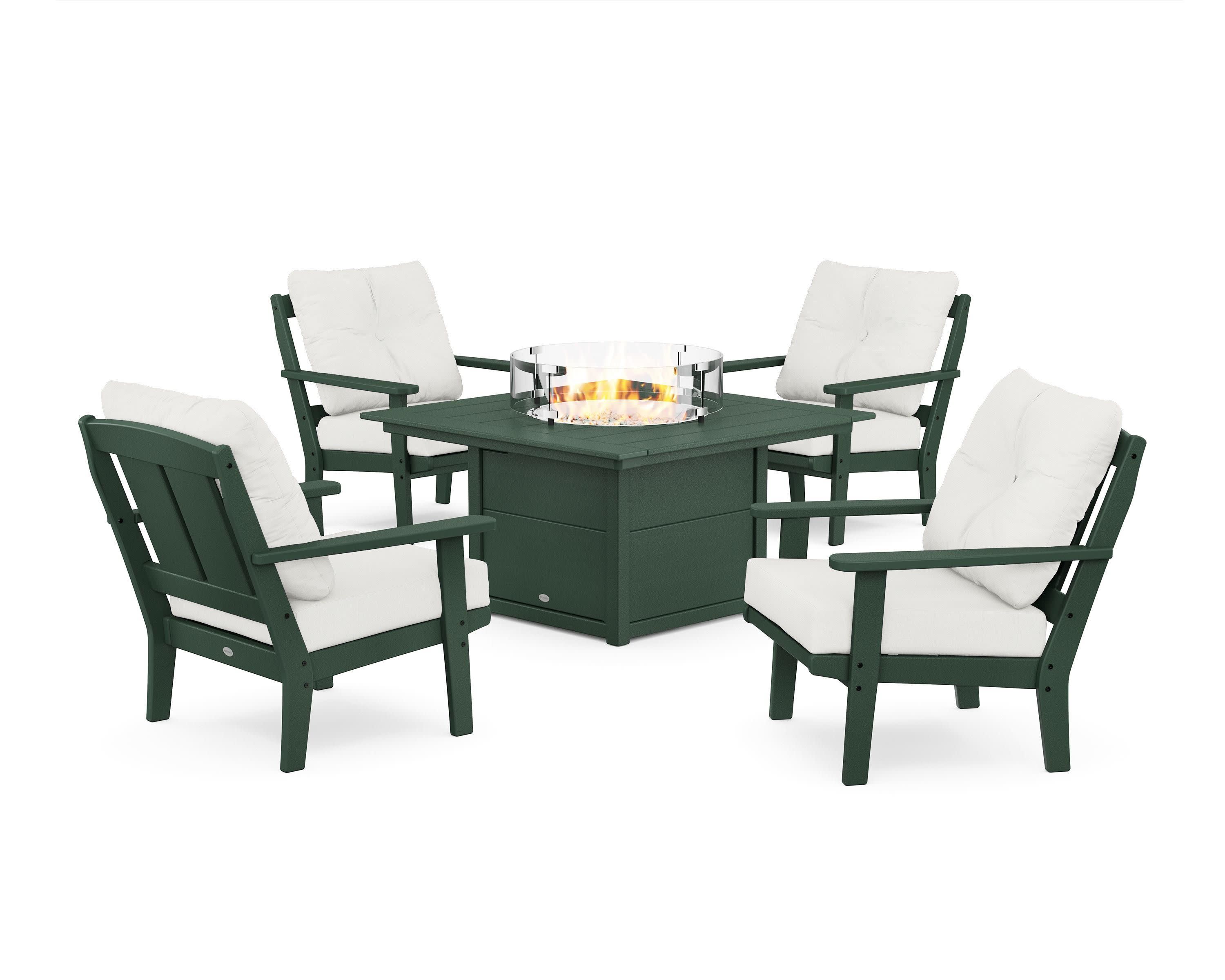 Mission 5-Piece Deep Seating Set with Fire Pit Table in Green / Natural Linen