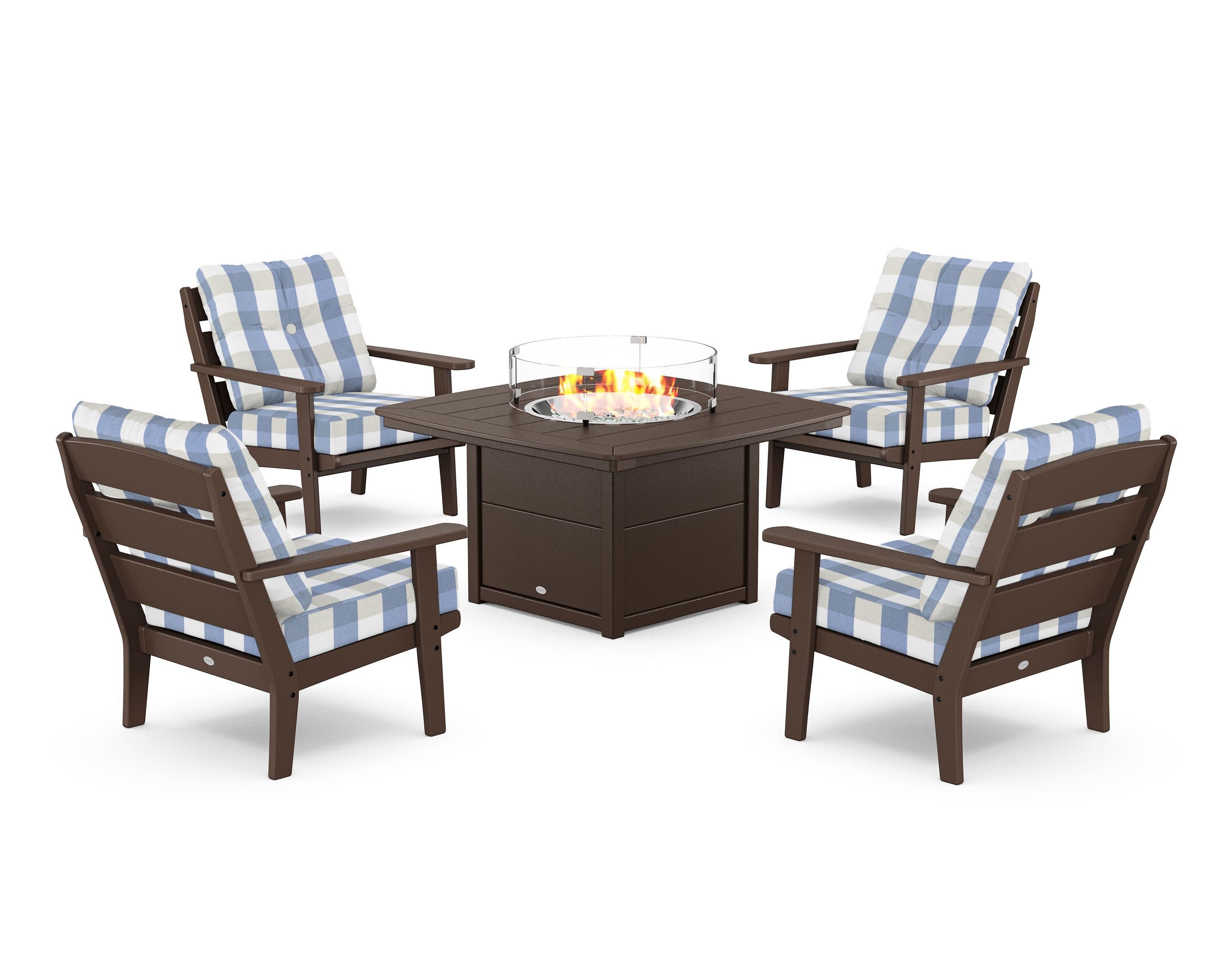 Lakeside 5-Piece Deep Seating Set with Nautical Fire Pit Table in Mahogany / Buffalo Plaid Sky Blue