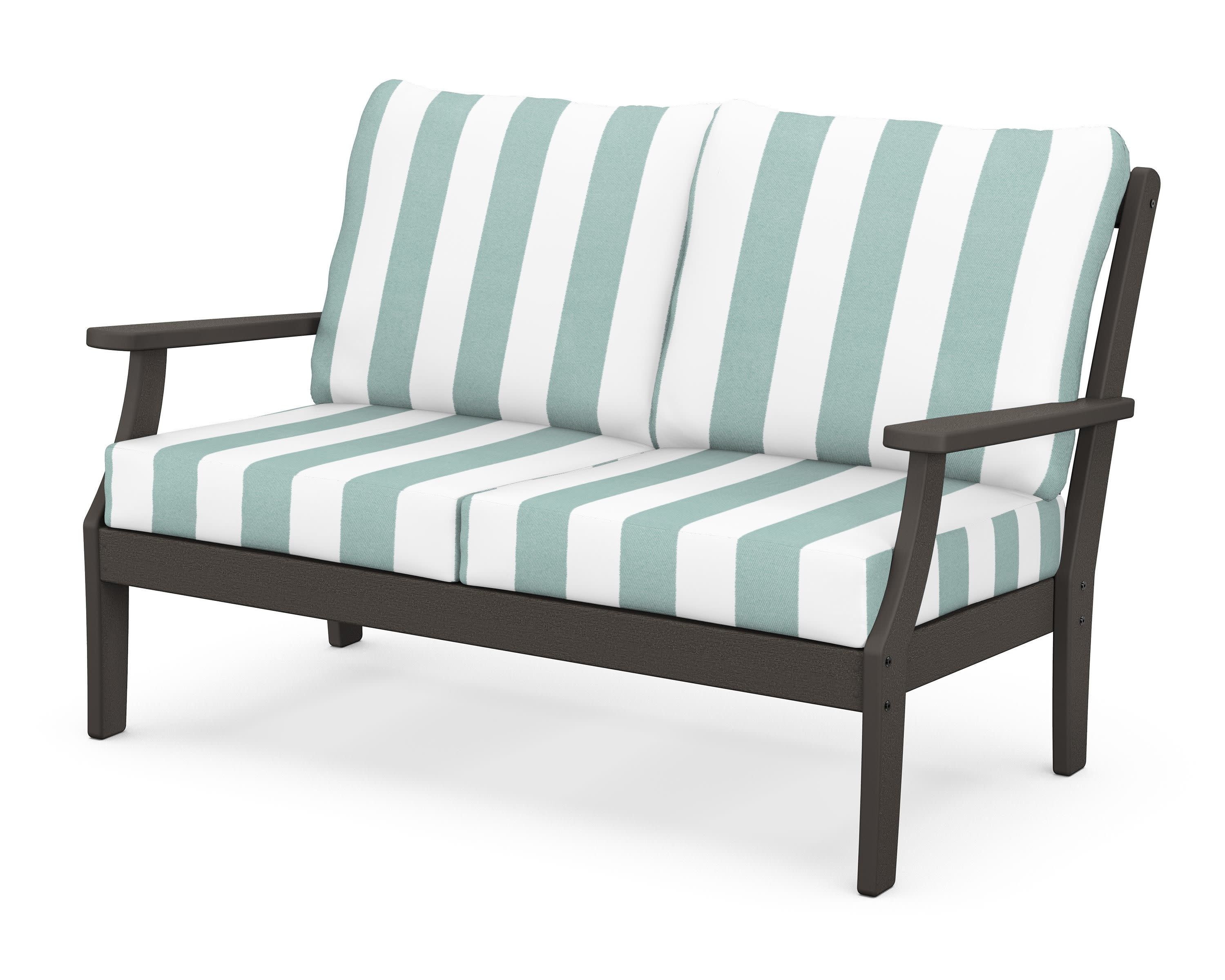Braxton Deep Seating Loveseat in Vintage Coffee / Cabana Stripe Glacier Spa