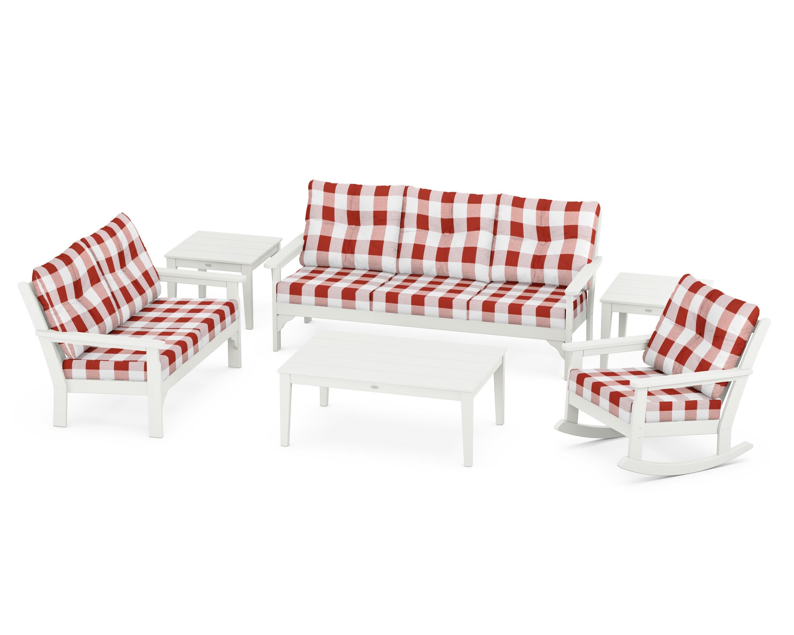 Vineyard 6-Piece Deep Seating Set in Vintage White / Buffalo Plaid Crimson