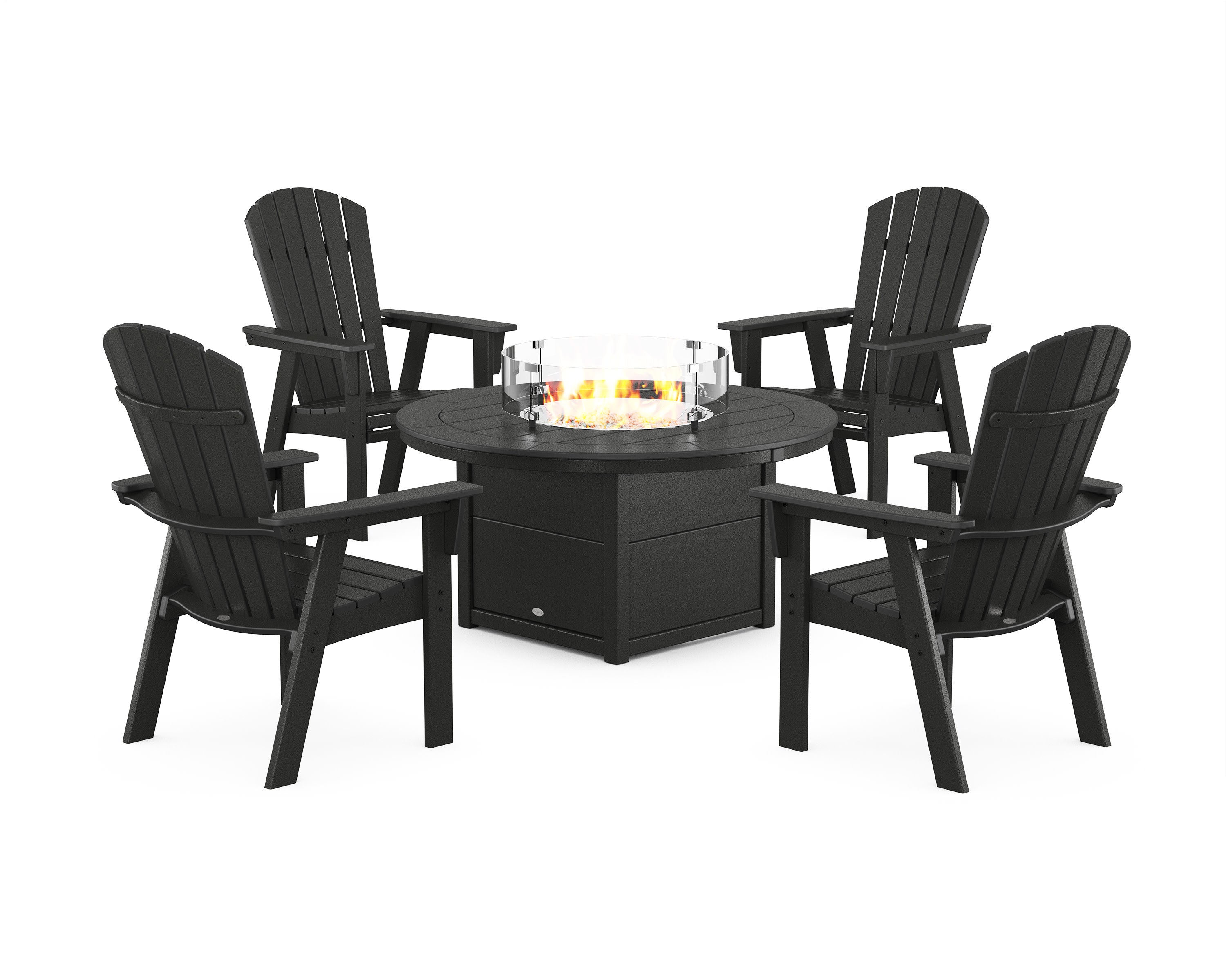 Nautical 4-Piece Curveback Upright Adirondack Conversation Set with Fire Pit Table in Black