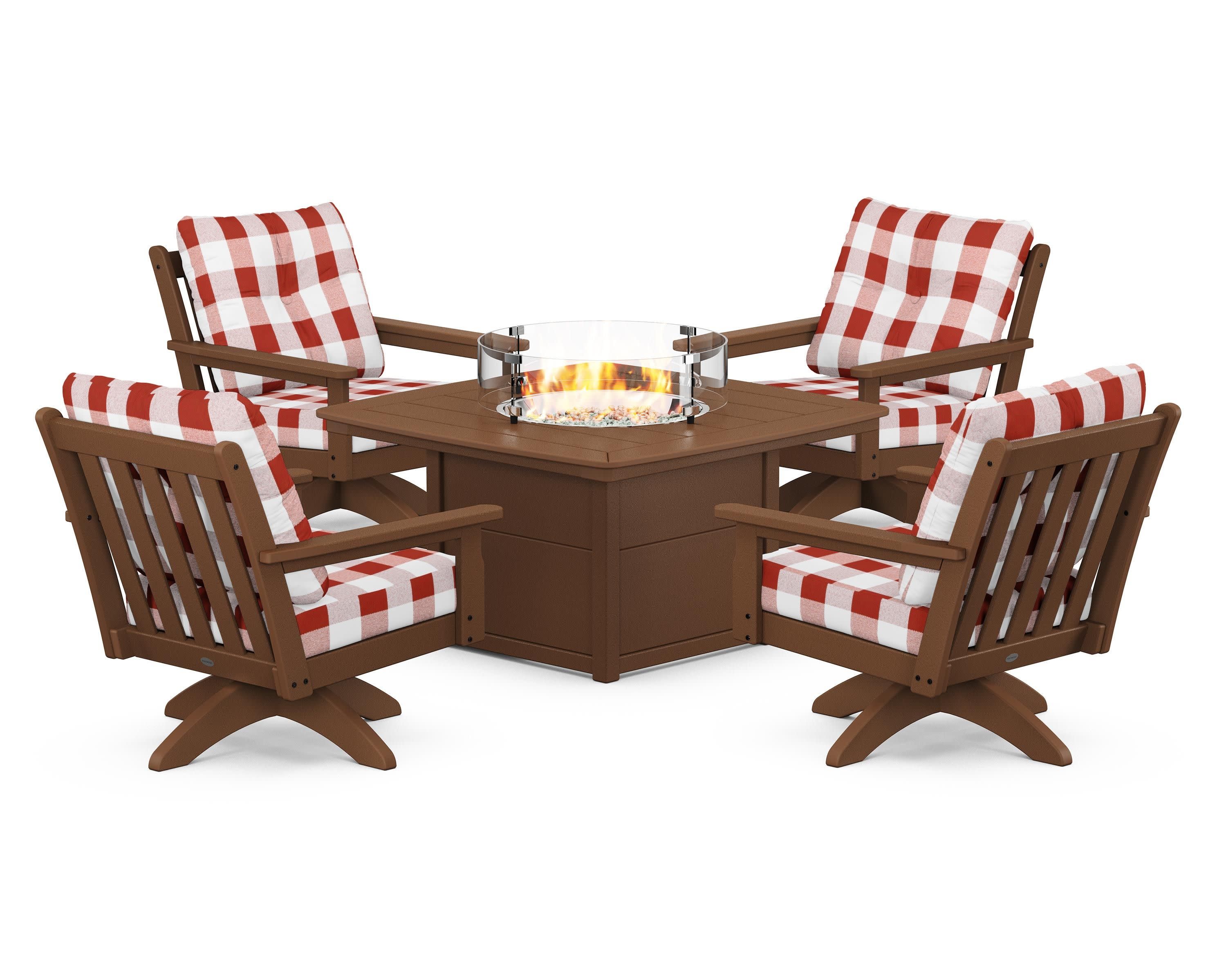 Vineyard 5-Piece Deep Seating Swivel Conversation Set with Fire Pit Table in Teak / Buffalo Plaid Crimson