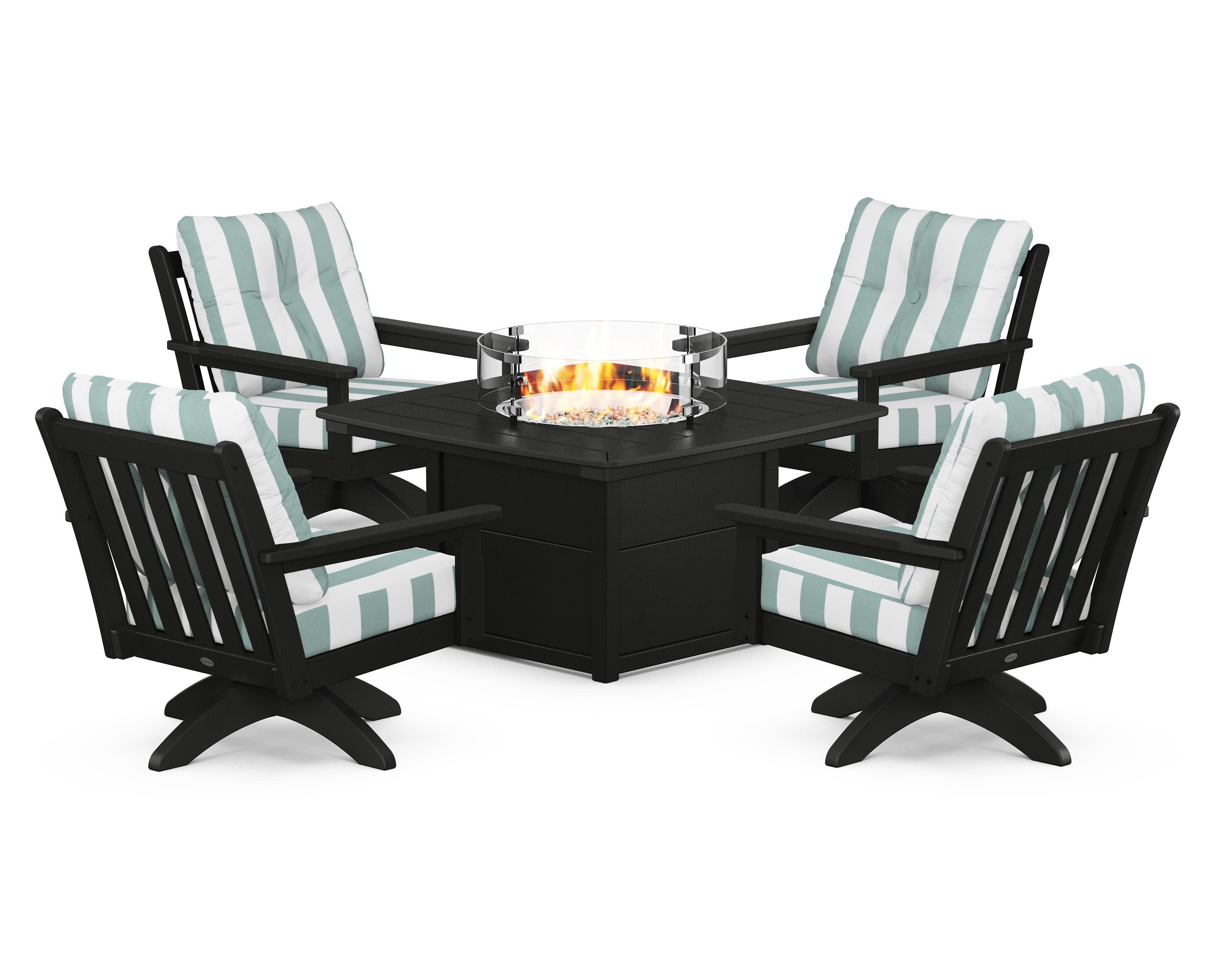 Vineyard 5-Piece Deep Seating Swivel Conversation Set with Fire Pit Table in Black / Cabana Stripe Glacier Spa