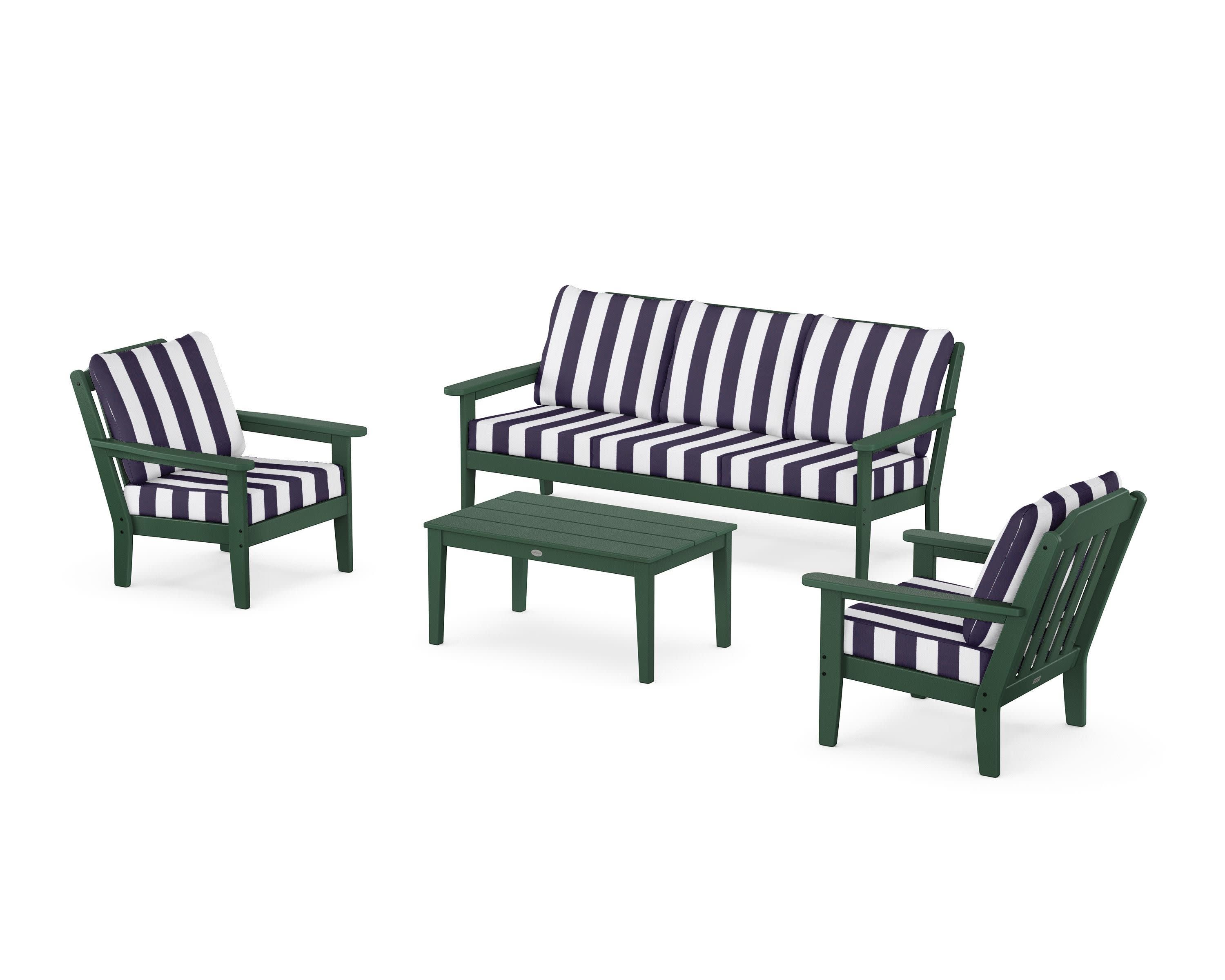 Cottage 4-Piece Deep Seating Set with Sofa in Green / Cabana Stripe Navy