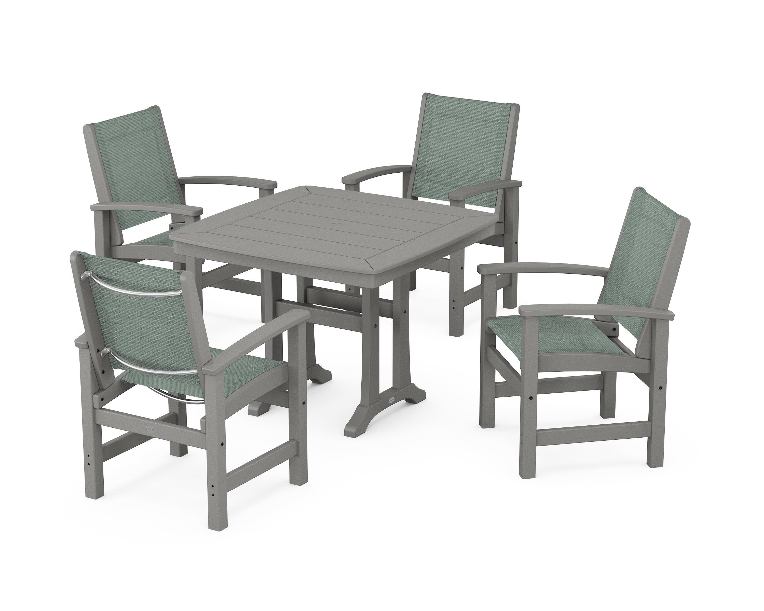 Coastal 5-Piece Dining Set with Trestle Legs in Slate Grey / Dupioni Sea Mist Sling