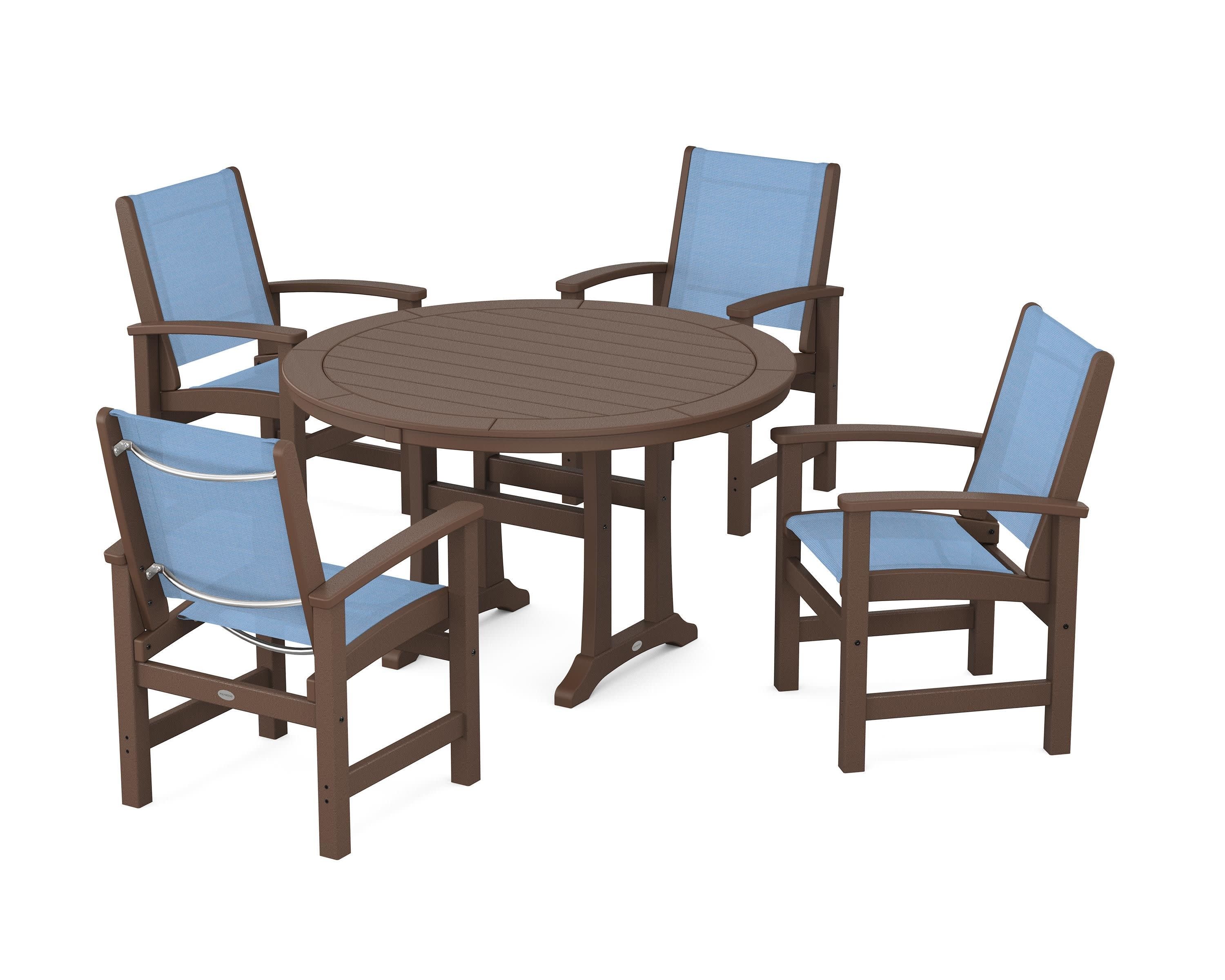 Coastal 5-Piece Round Dining Set with Trestle Legs in Mahogany / Poolside Sling