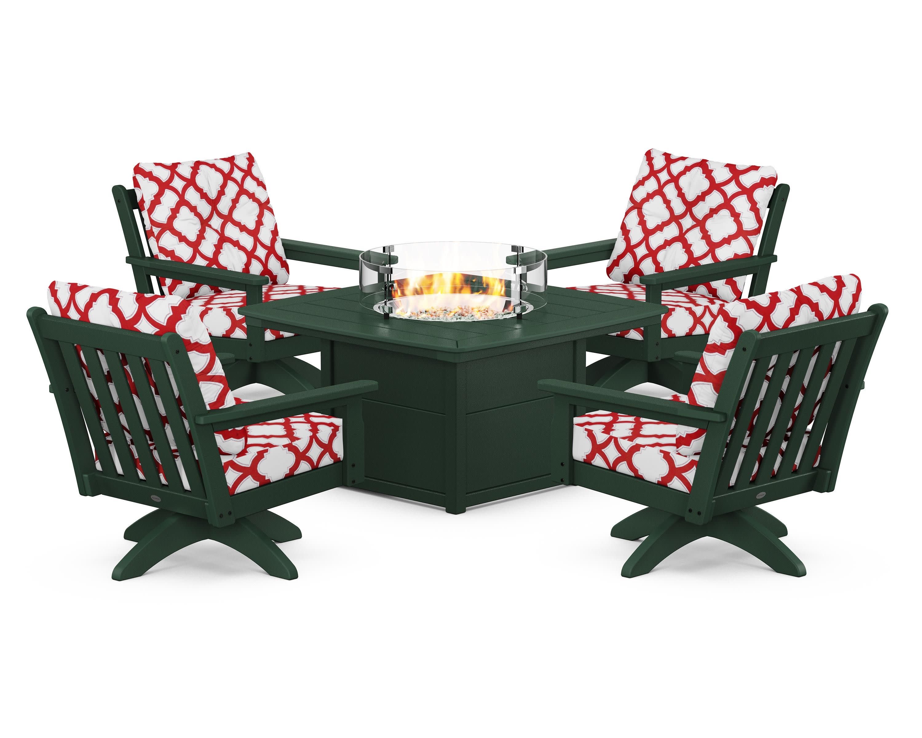 Vineyard 5-Piece Deep Seating Swivel Conversation Set with Fire Pit Table in Green / Trellis Crimson