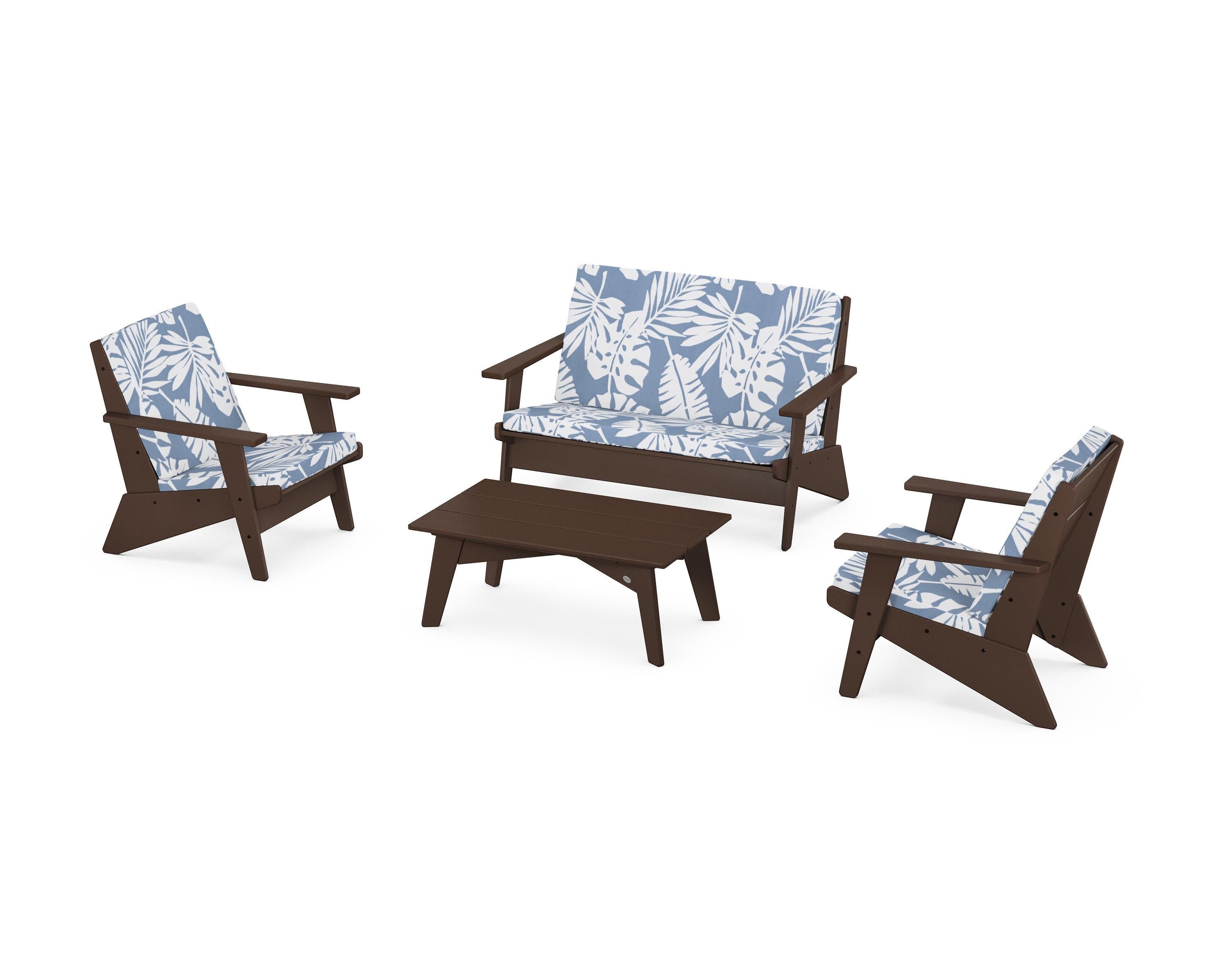 Riviera Modern Lounge 4-Piece Set in Mahogany / Leaf Sky Blue