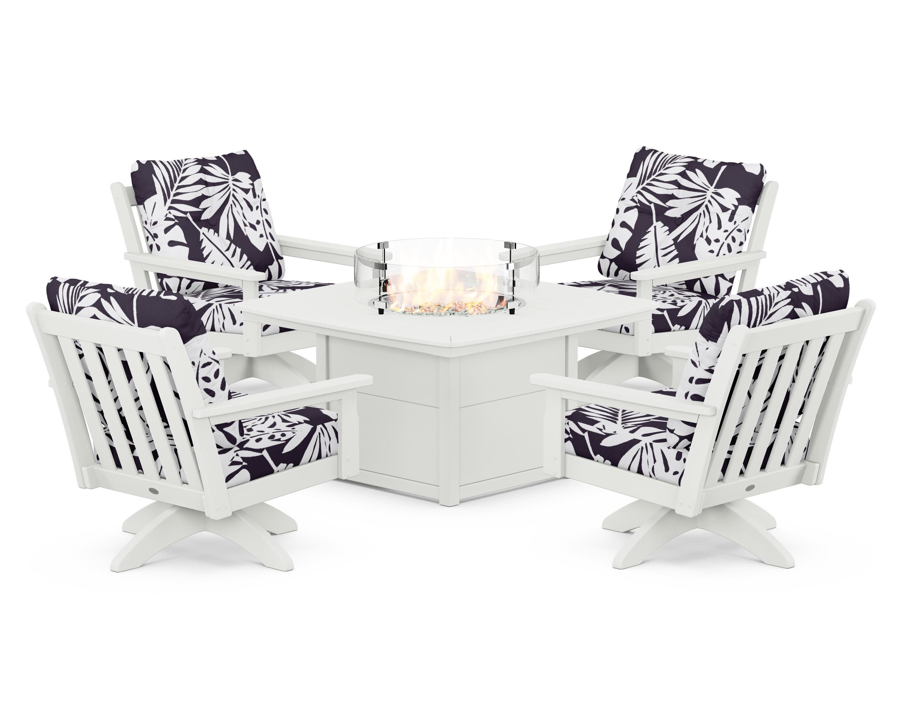 Vineyard 5-Piece Deep Seating Swivel Conversation Set with Fire Pit Table in Vintage White / Leaf Navy