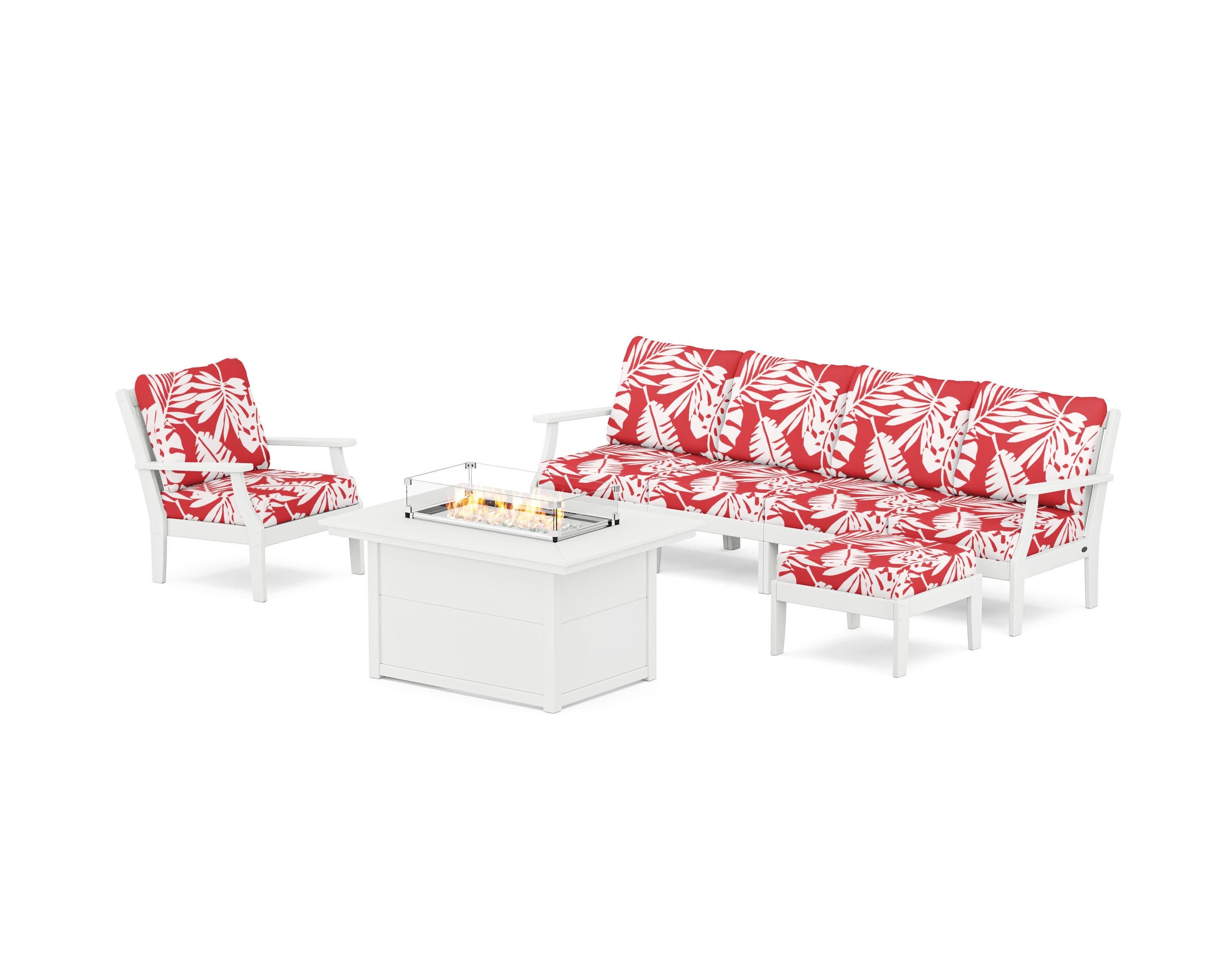 Braxton Sectional Lounge and Fire Pit Set in White / Leaf Crimson