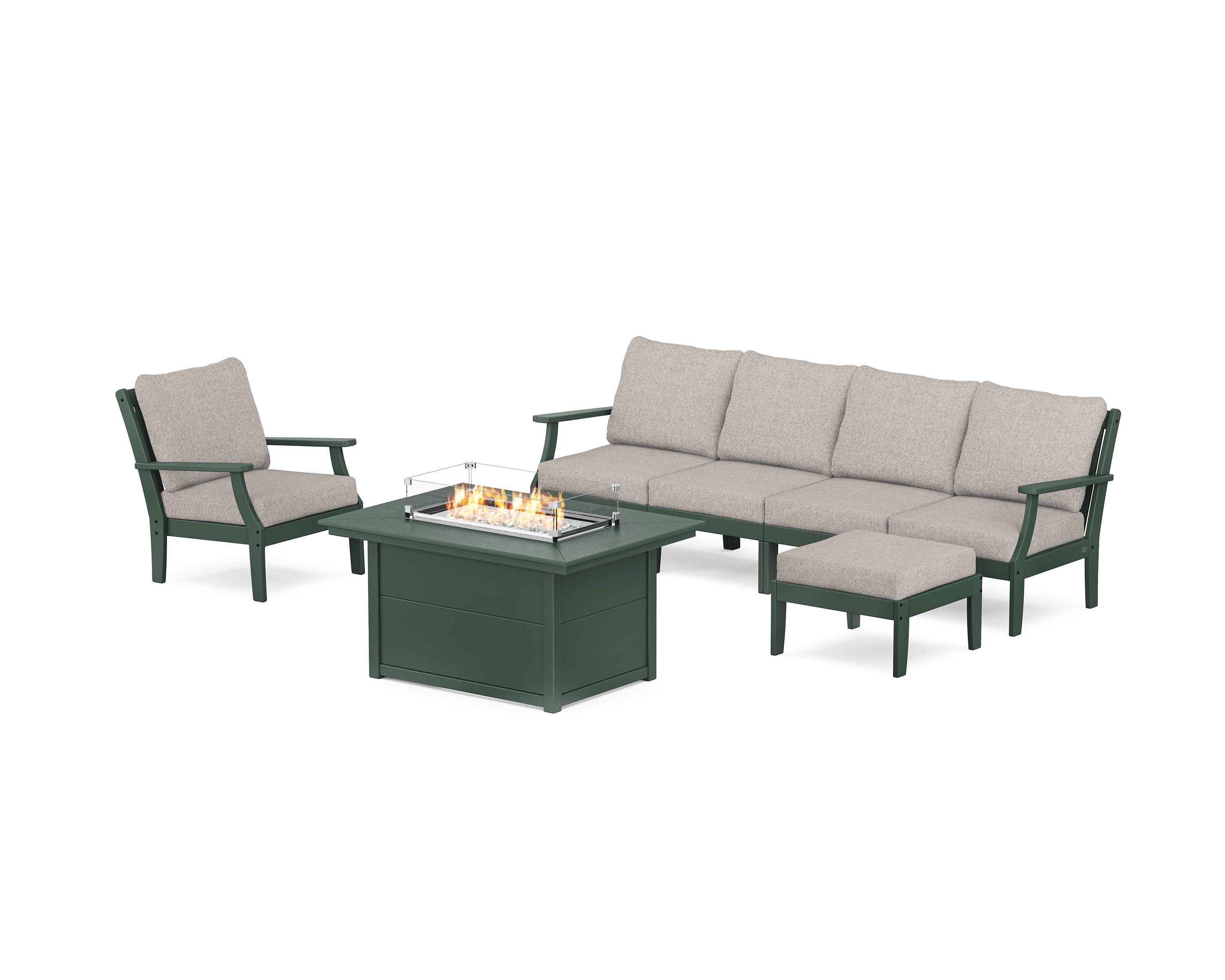 Braxton Sectional Lounge and Fire Pit Set in Green / Weathered Tweed