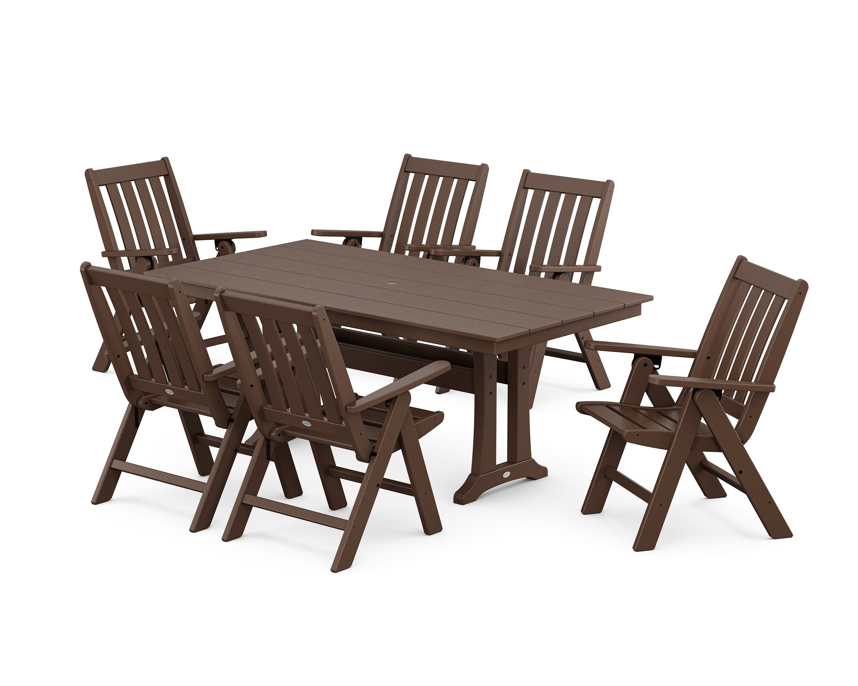 Vineyard Folding Chair 7-Piece Farmhouse Dining Set with Trestle Legs in Mahogany