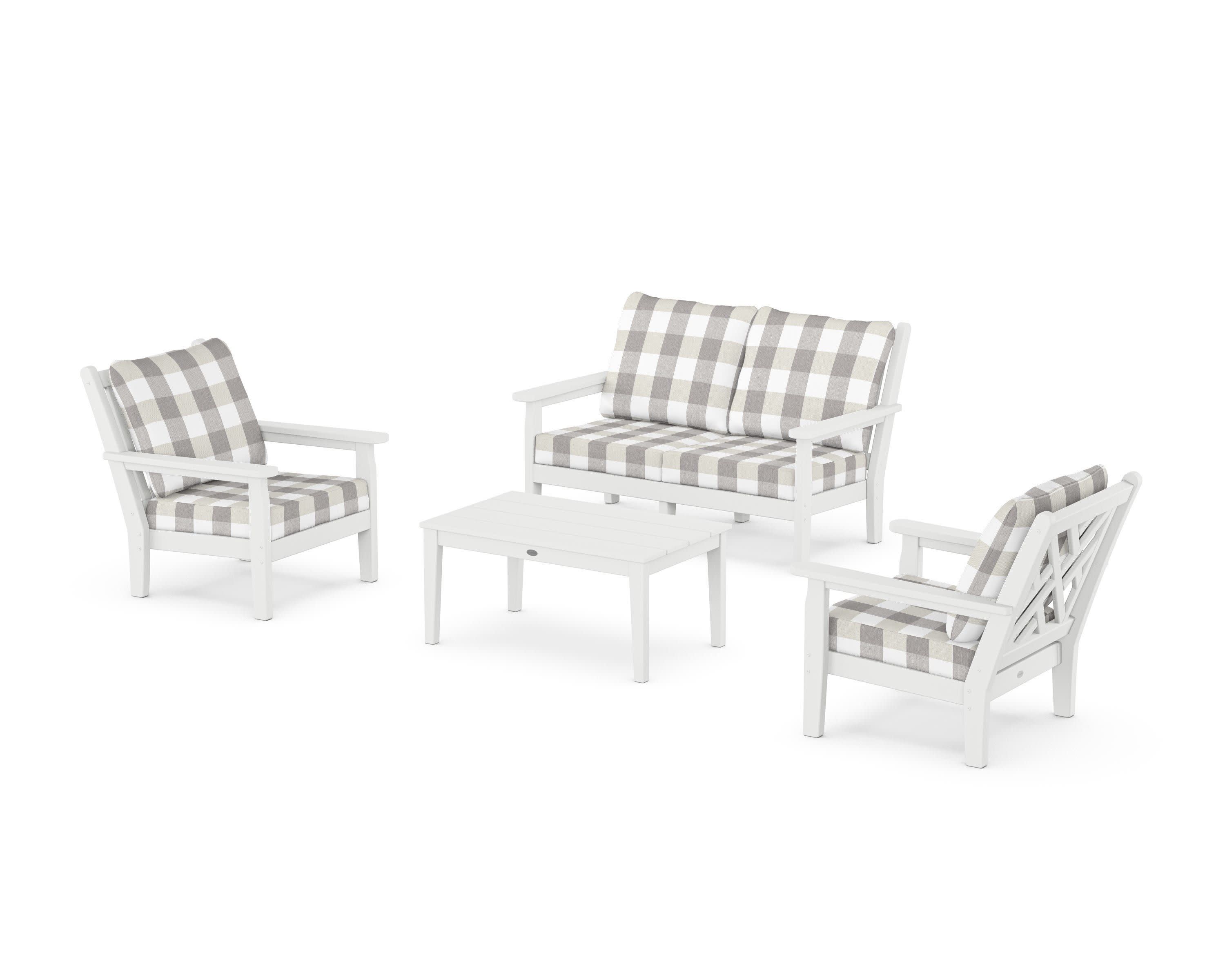 Chippendale 4-Piece Deep Seating Set with Loveseat in White / Buffalo Plaid Grey Mist