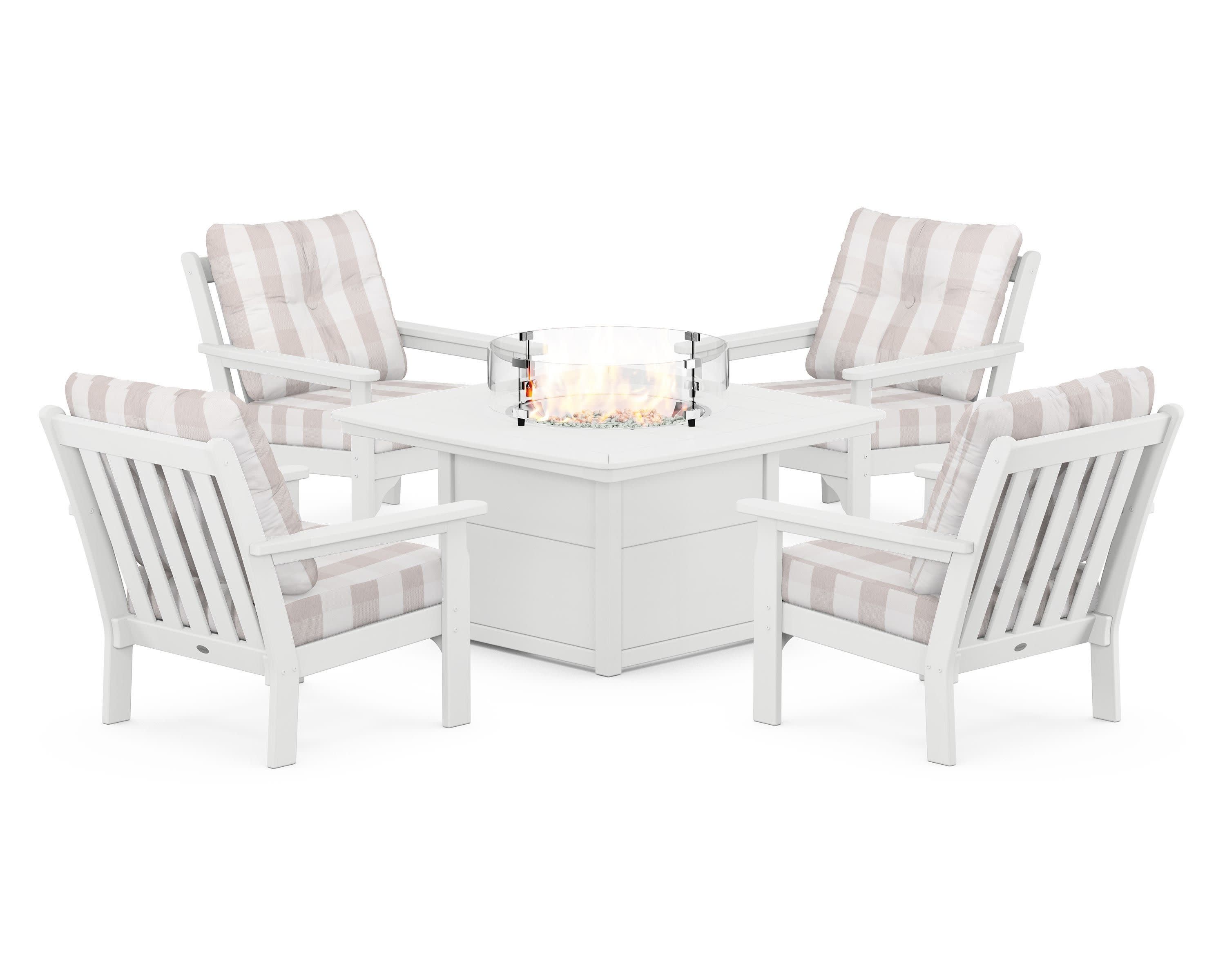 Vineyard 5-Piece Conversation Set with Fire Pit Table in White / Buffalo Plaid Dune Burlap