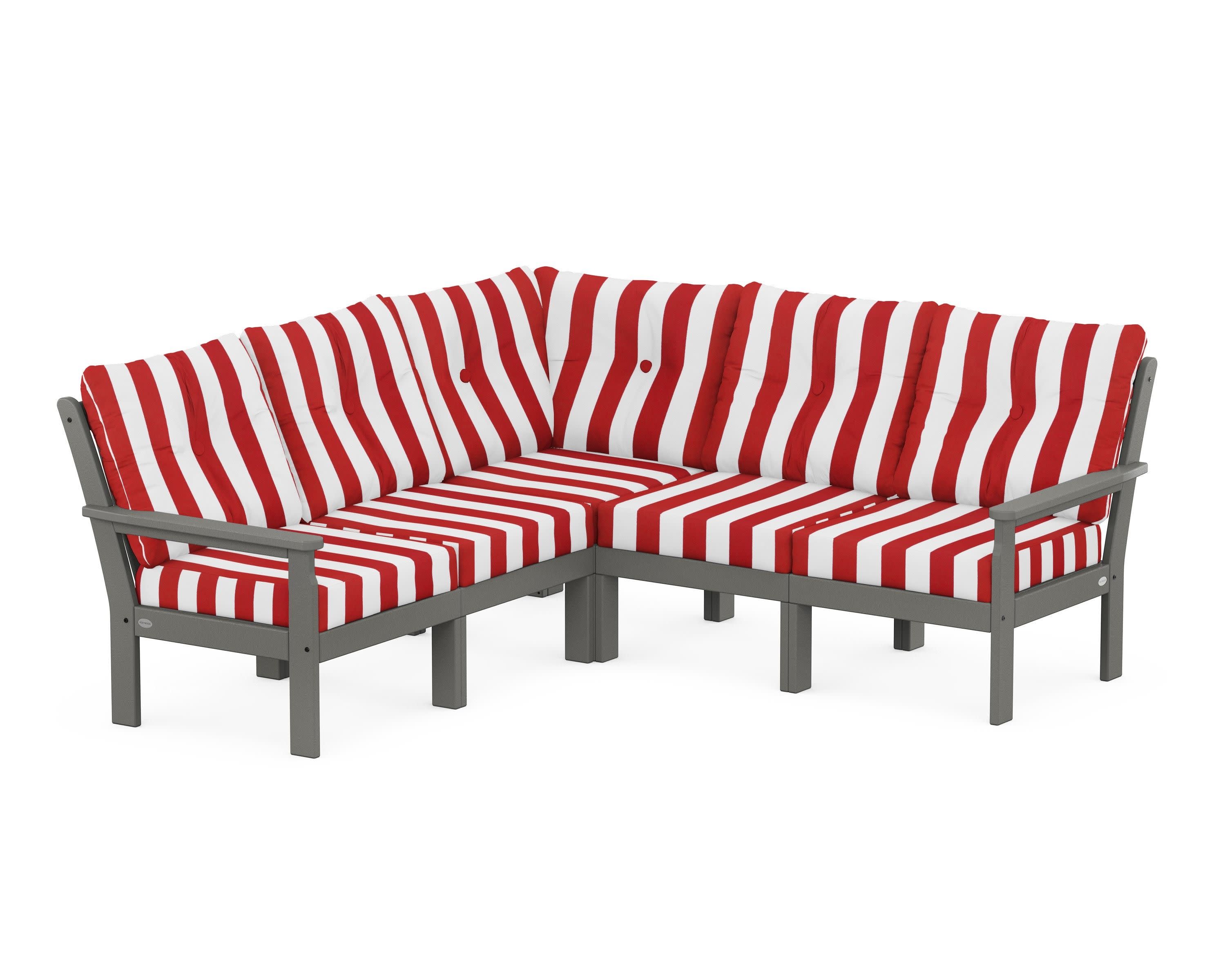 Vineyard 5-Piece Sectional in Slate Grey / Cabana Stripe Crimson