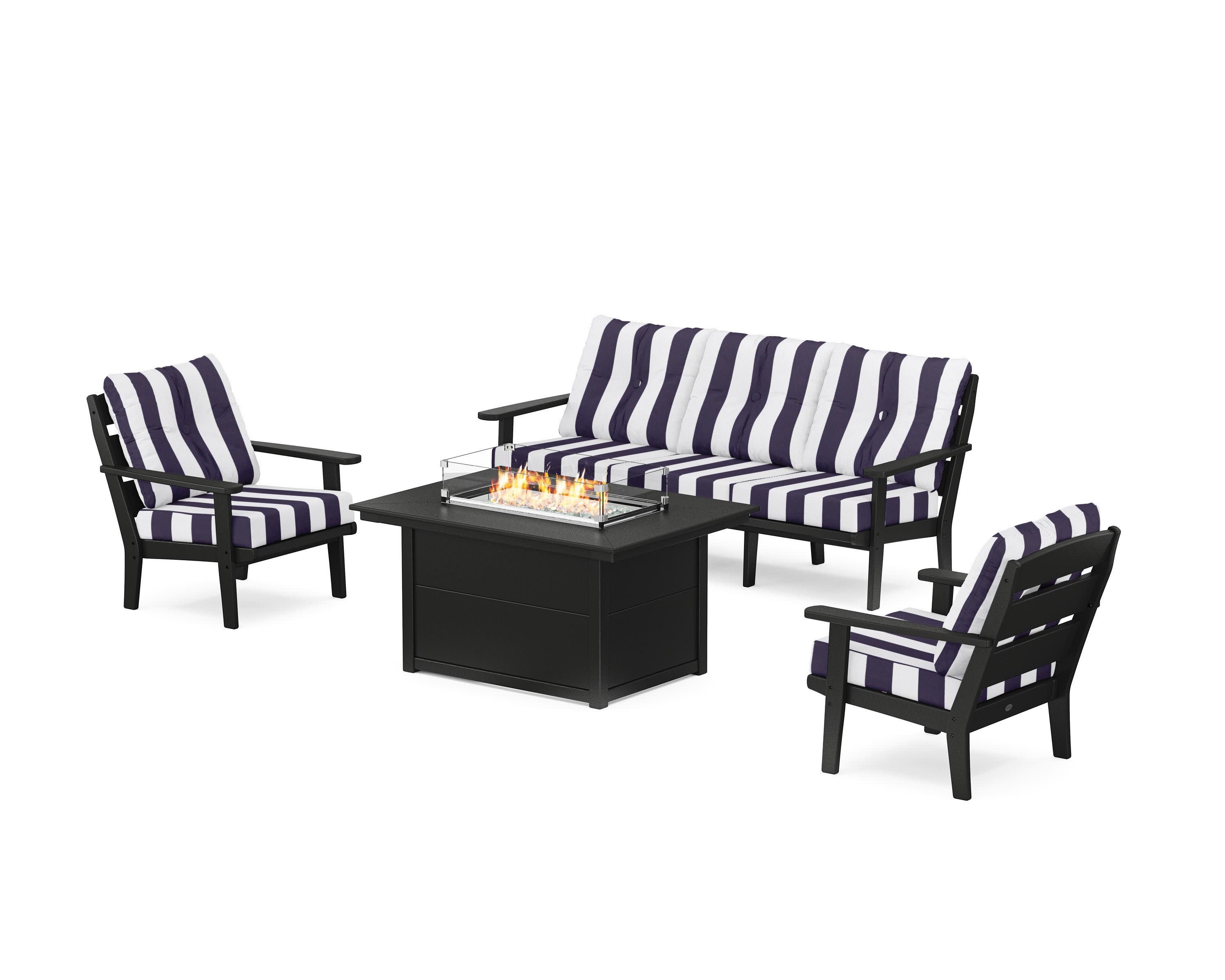 Lakeside Deep Seating Fire Pit Table Set in Black / Cabana Stripe Navy