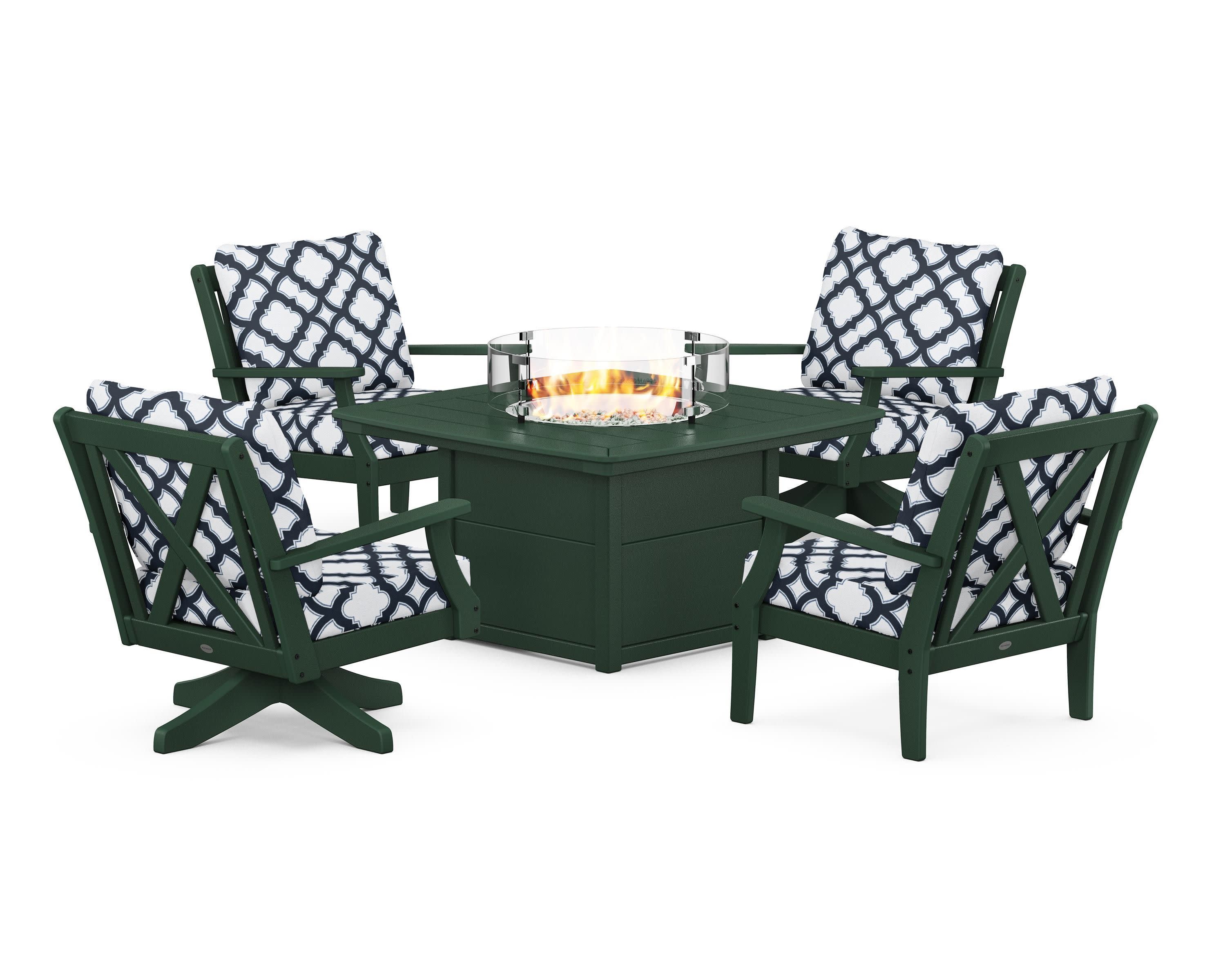 Braxton 5-Piece Deep Seating Set with Fire Table in Green / Trellis Marine Indigo