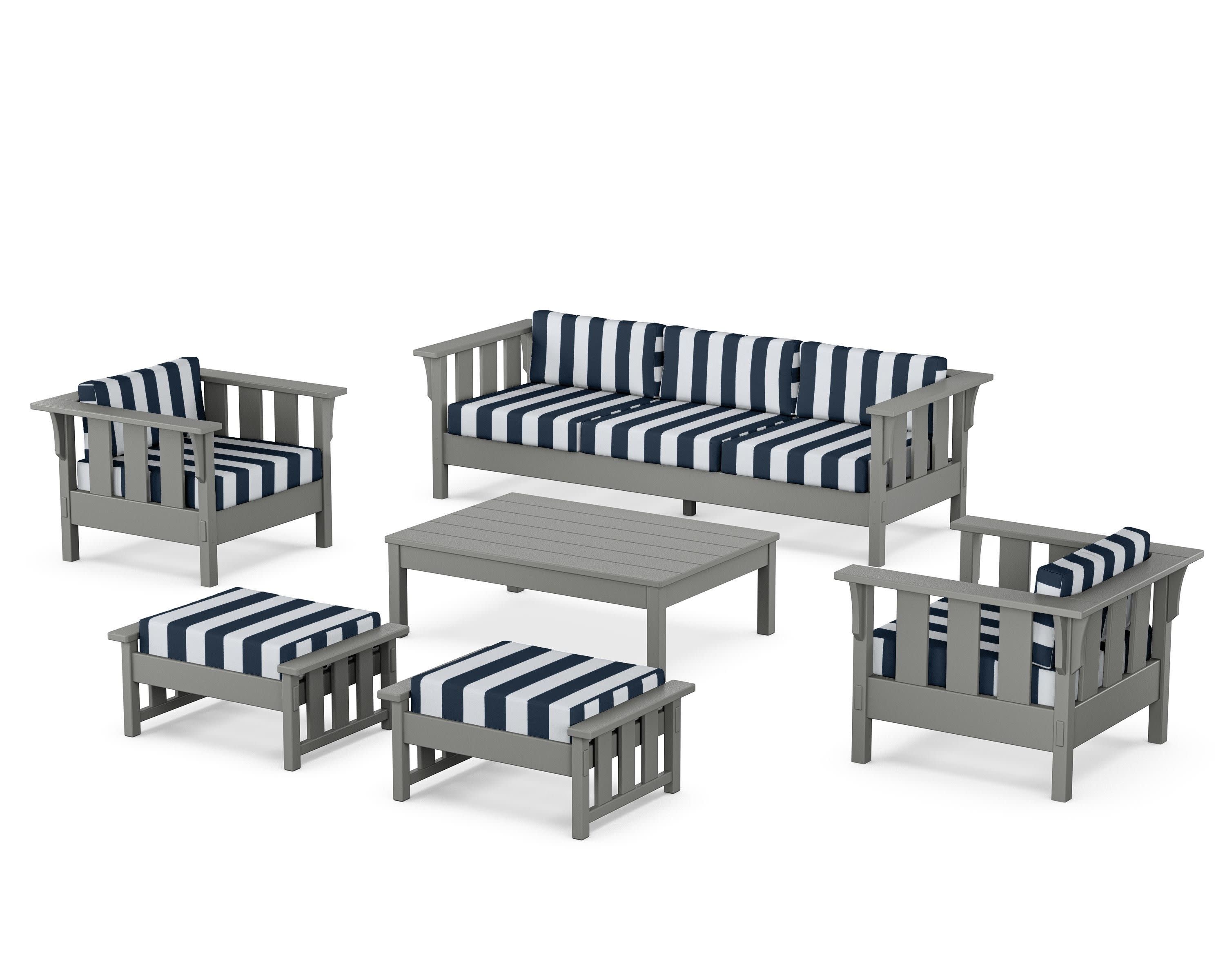 Acadia 6-Piece Lounge Sofa Set in Slate Grey / Cabana Stripe Marine Indigo