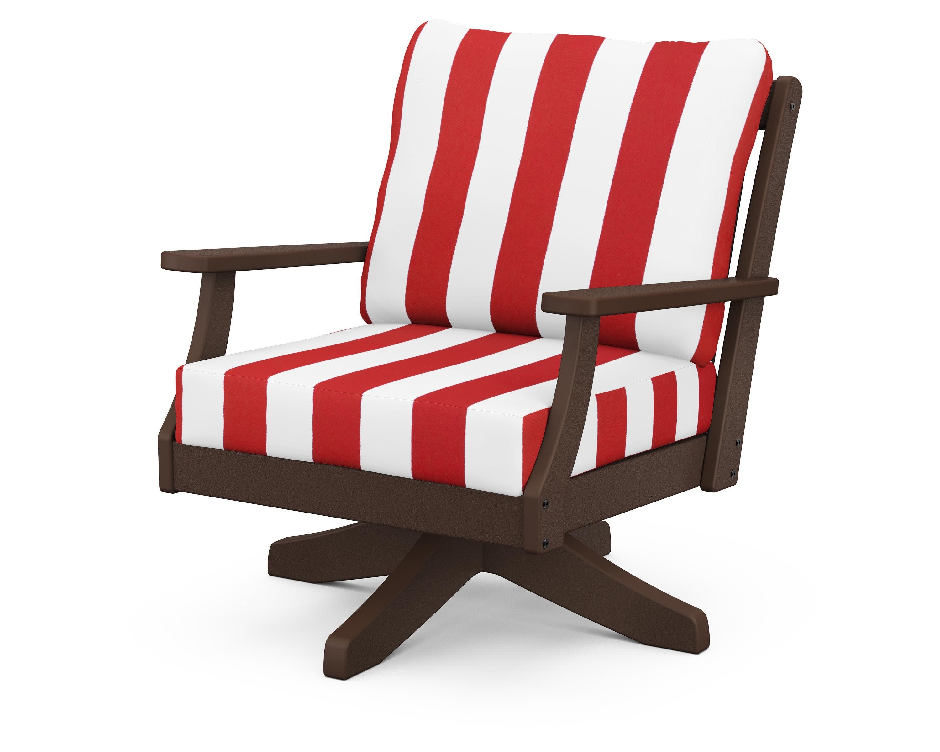 Braxton Deep Seating Swivel Chair in Mahogany / Cabana Stripe Crimson