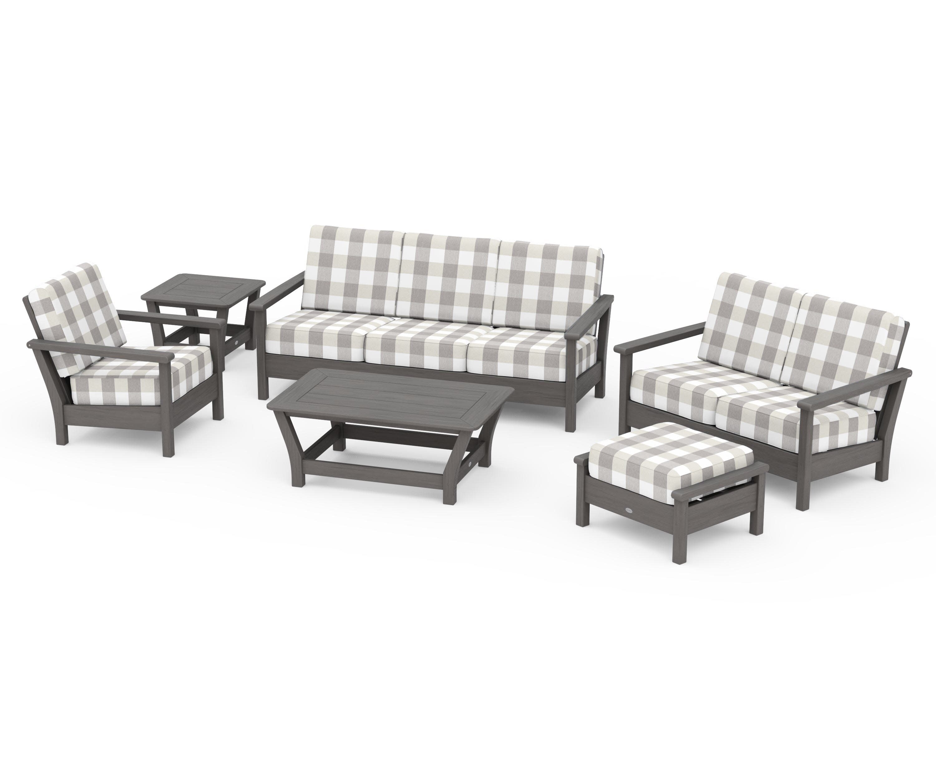 Harbour 6-Piece Outdoor Living Set in Driftwood / Buffalo Plaid Grey Mist