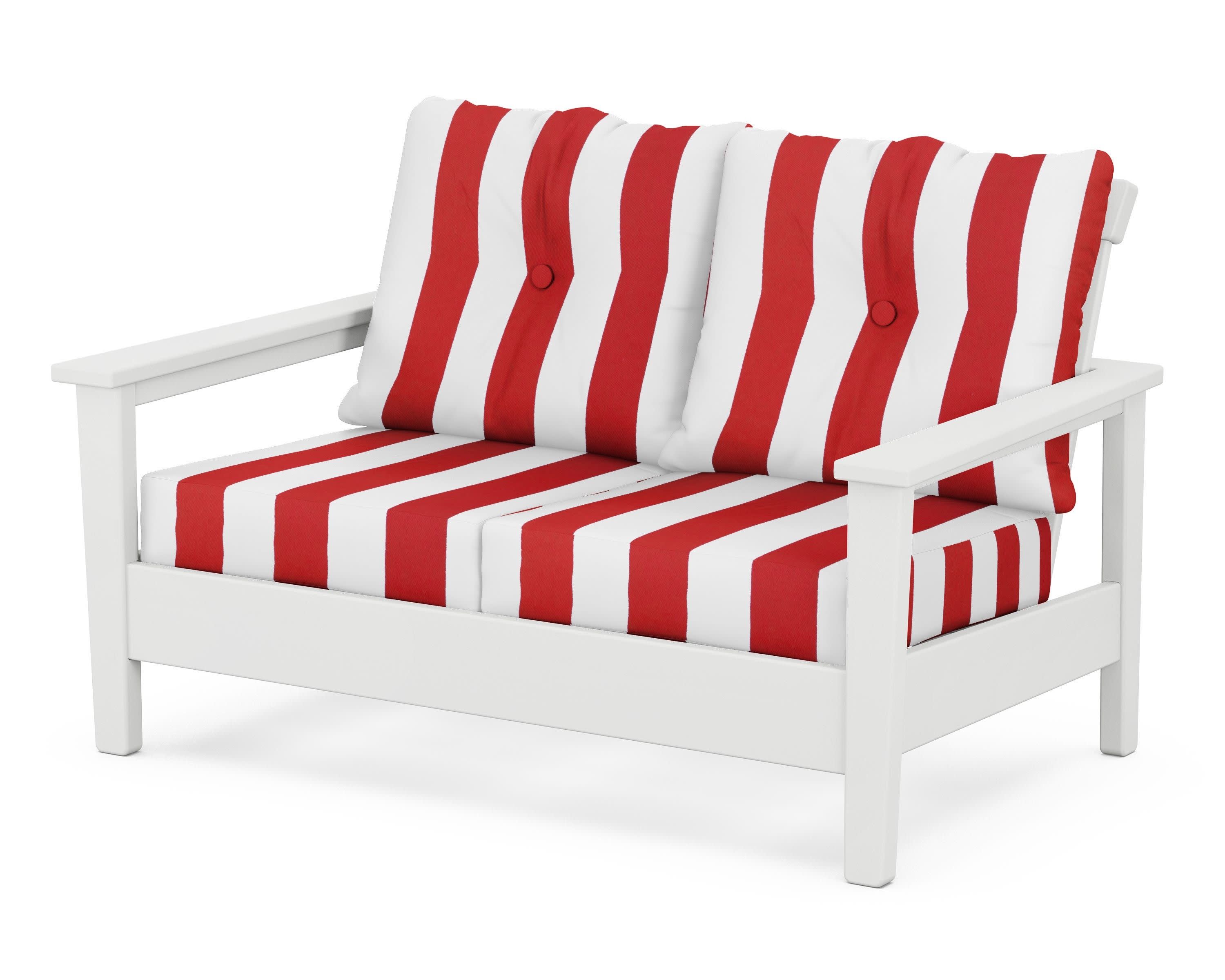 Prescott Deep Seating Loveseat in White / Cabana Stripe Crimson