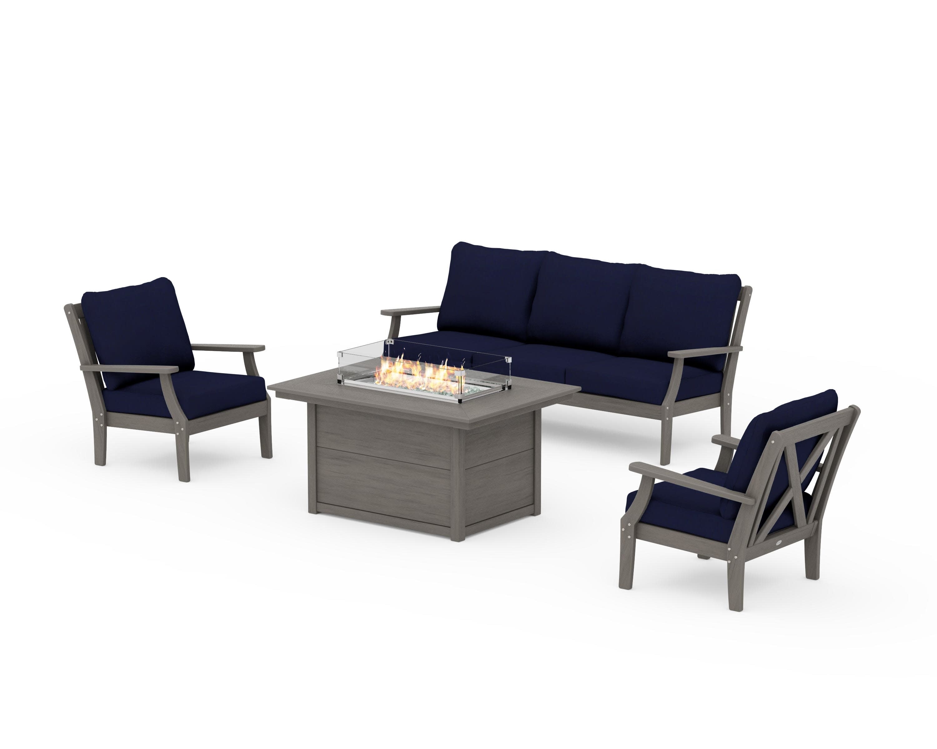 Braxton Deep Seating Fire Pit Table Set in Driftwood / Navy