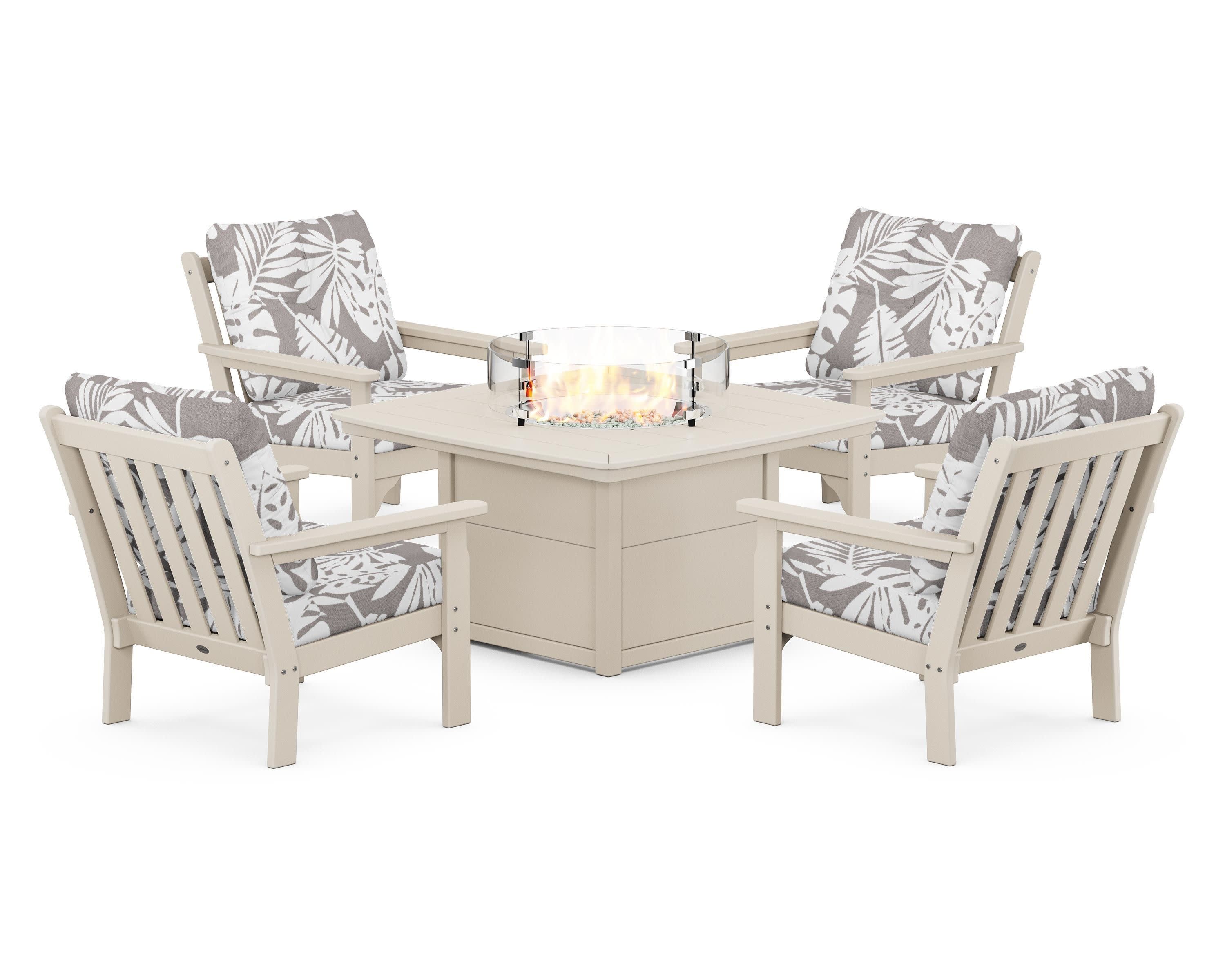 Vineyard 5-Piece Conversation Set with Fire Pit Table in Sand / Leaf Grey Mist