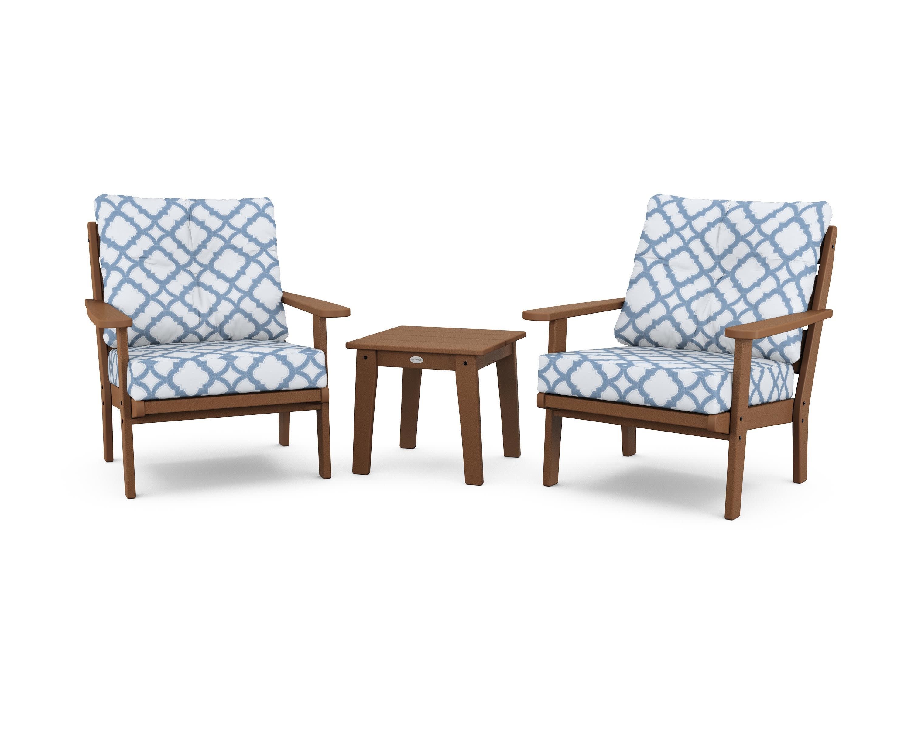 Lakeside 3-Piece Deep Seating Chair Set in Teak / Trellis Sky Blue