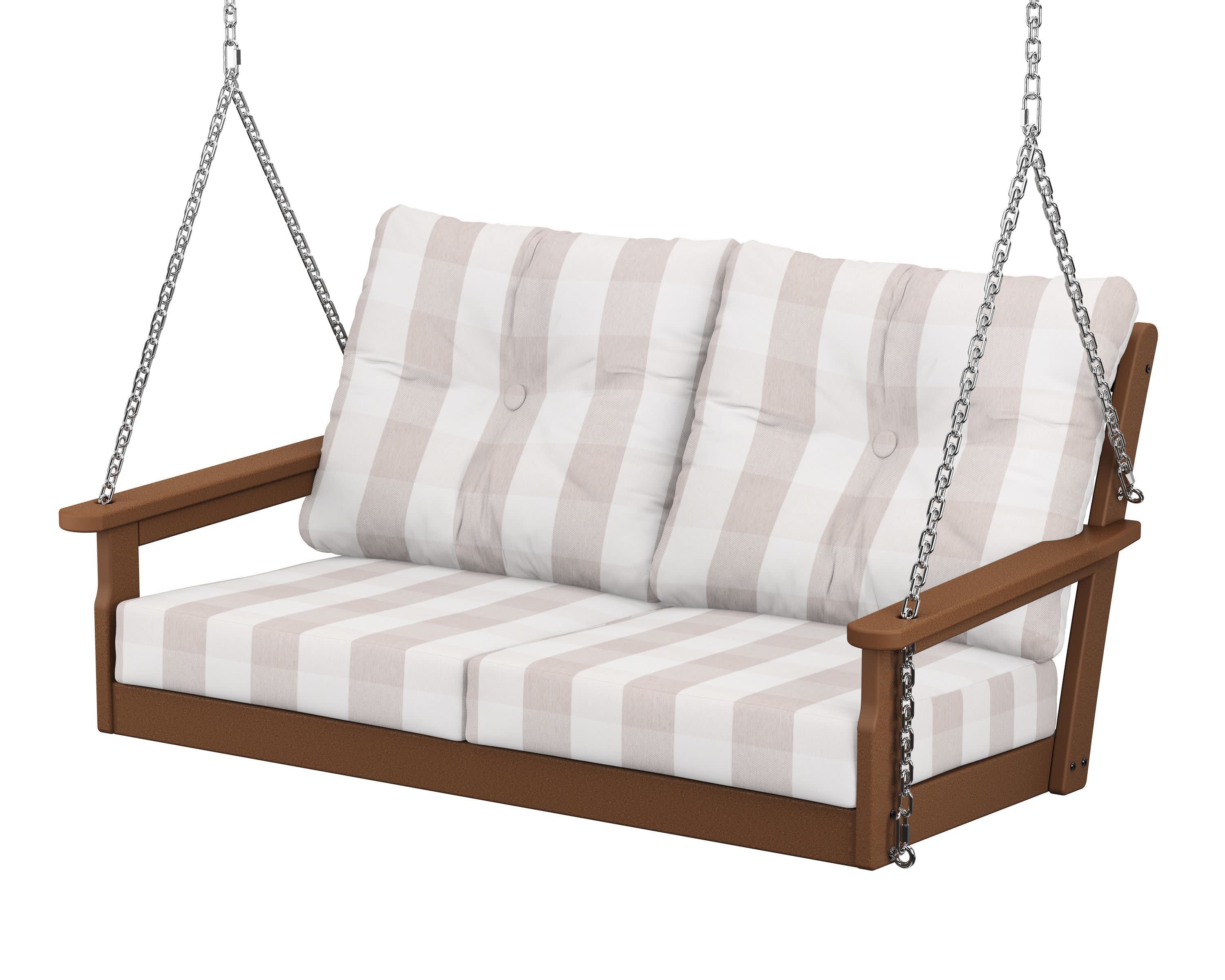 Vineyard Deep Seating Swing in Teak / Buffalo Plaid Dune Burlap