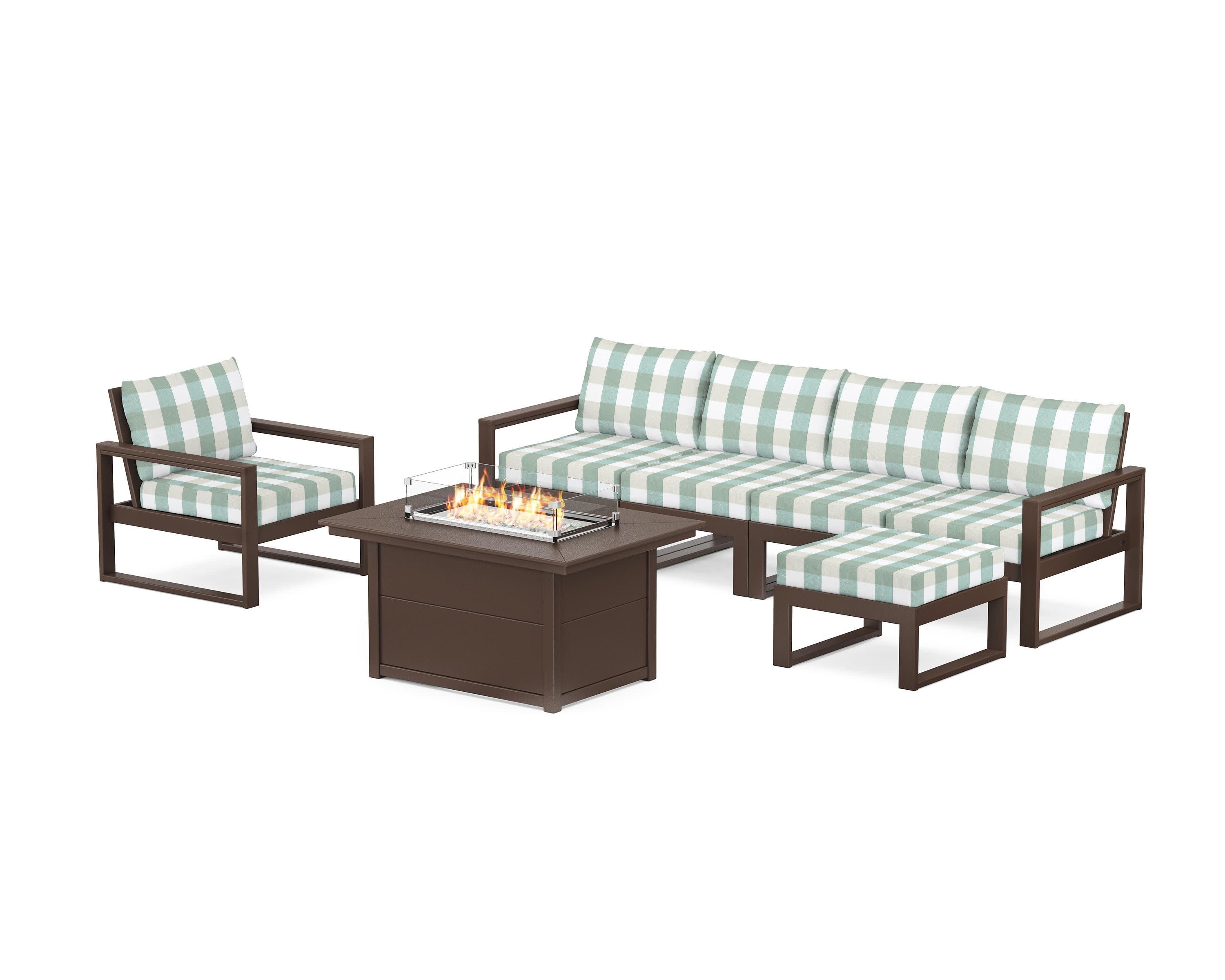 EDGE Sectional Lounge and Fire Pit Set in Mahogany / Buffalo Plaid Glacier Spa