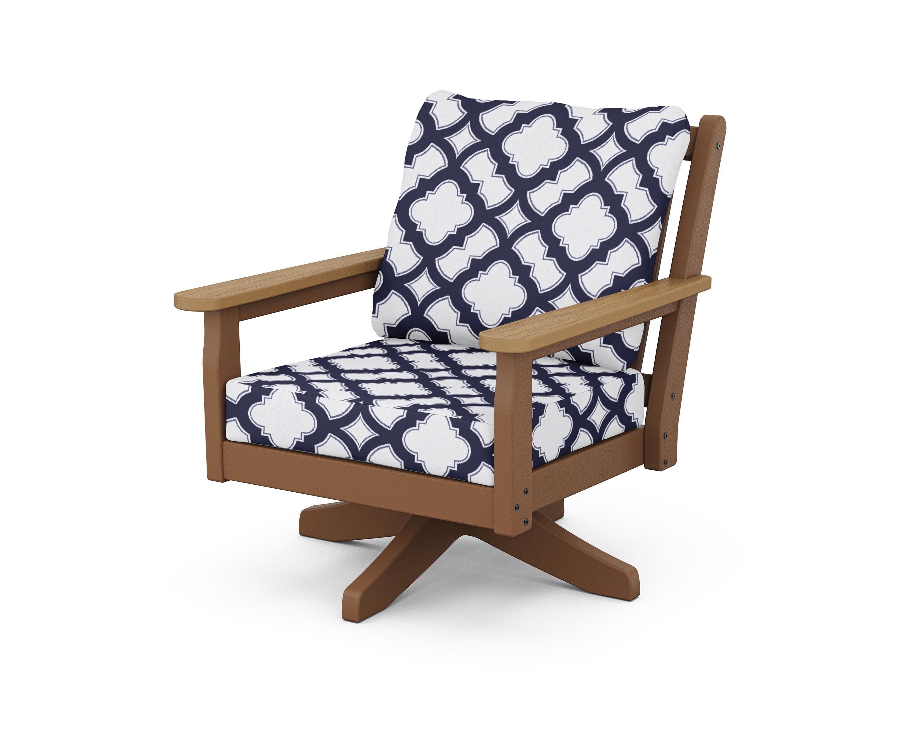 Chippendale Deep Seating Swivel Chair in Teak / Natural / Trellis Navy