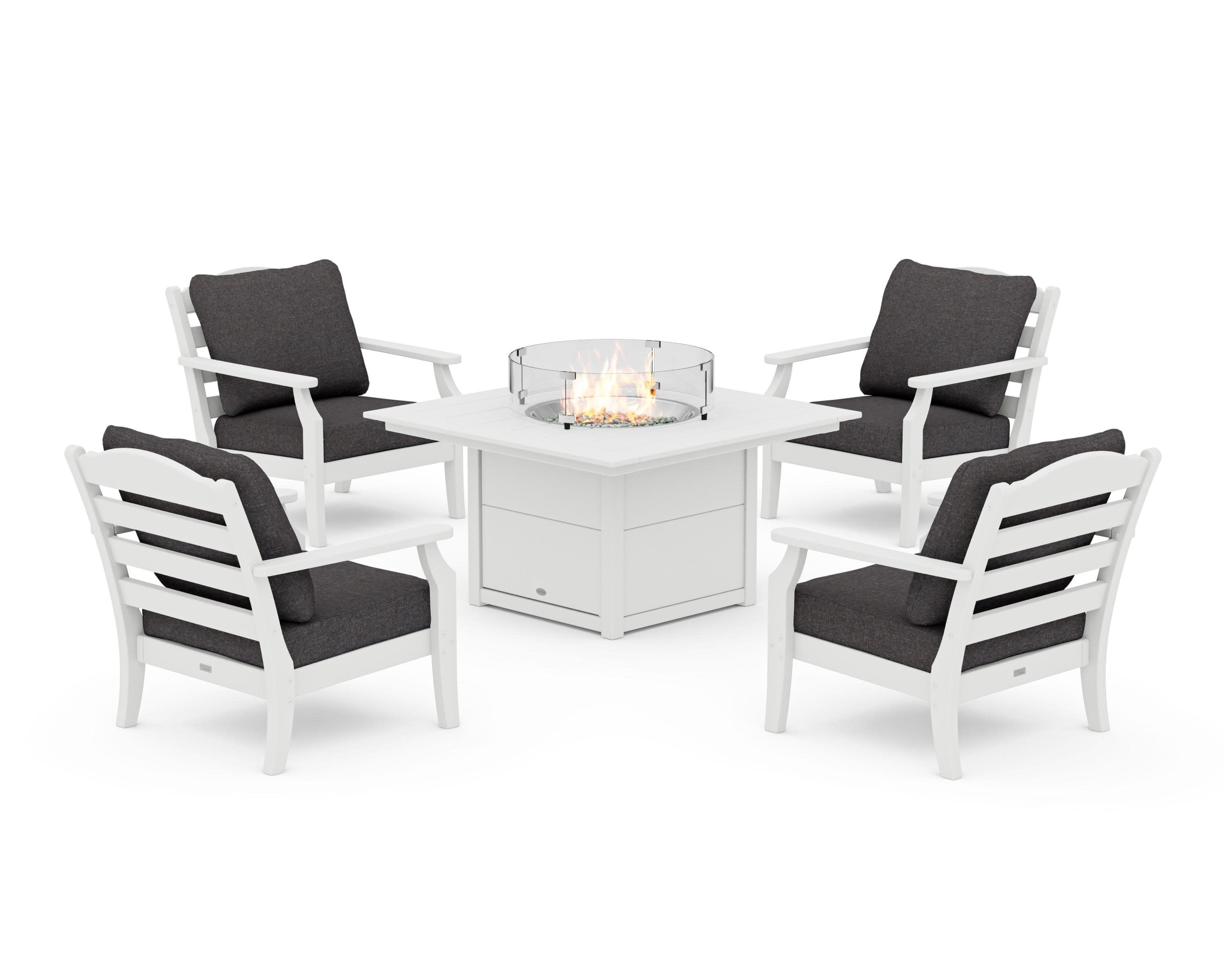 Savannah 5-Piece Deep Seating Set with Fire Pit Table in White / Ash Charcoal