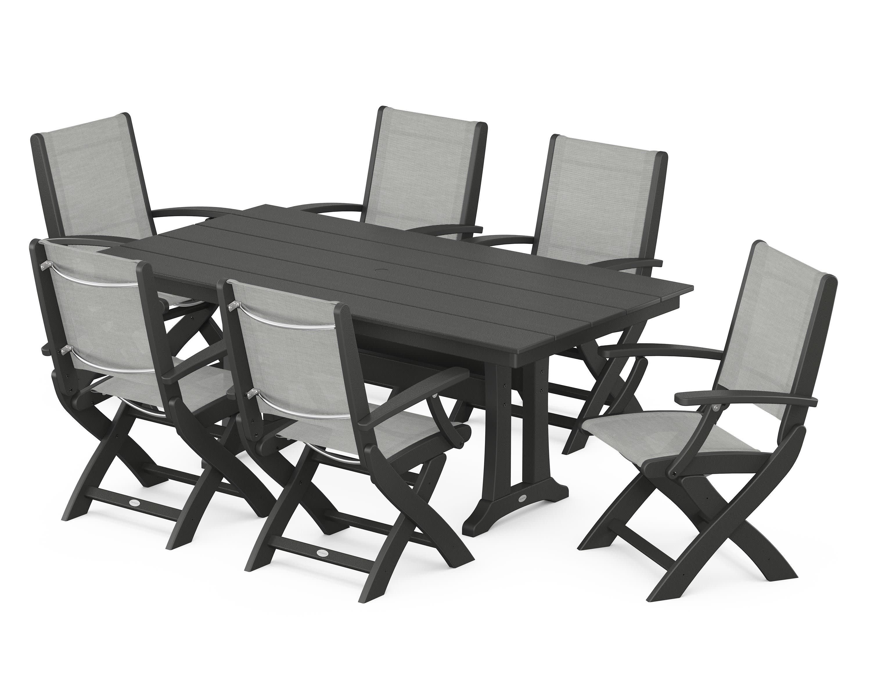 Coastal Folding Arm Chair 7-Piece Farmhouse Dining Set with Trestle Legs in Black / Metallic Sling