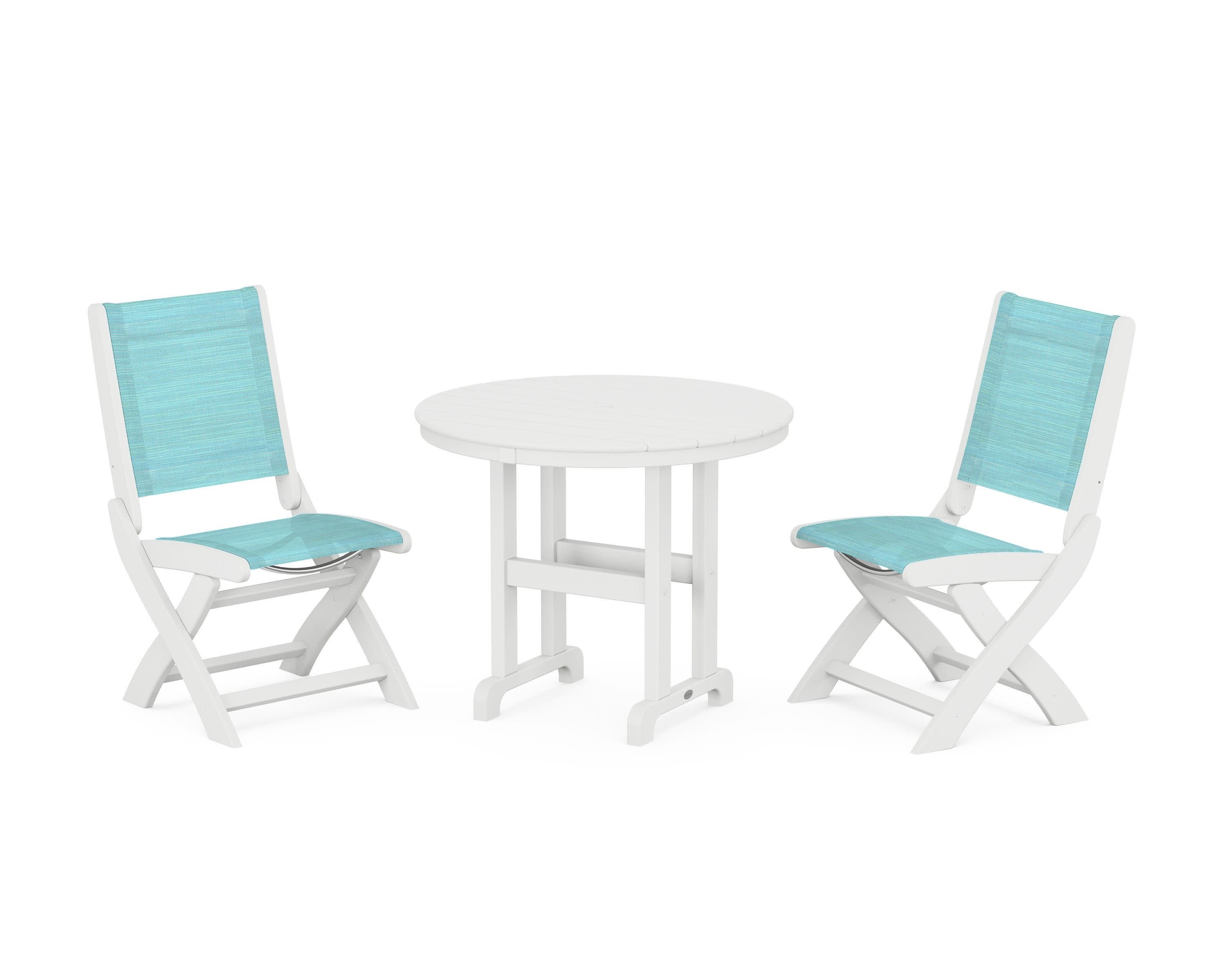 Coastal Folding Side Chair 3-Piece Round Dining Set in White / Dupioni Aquamarine Sling