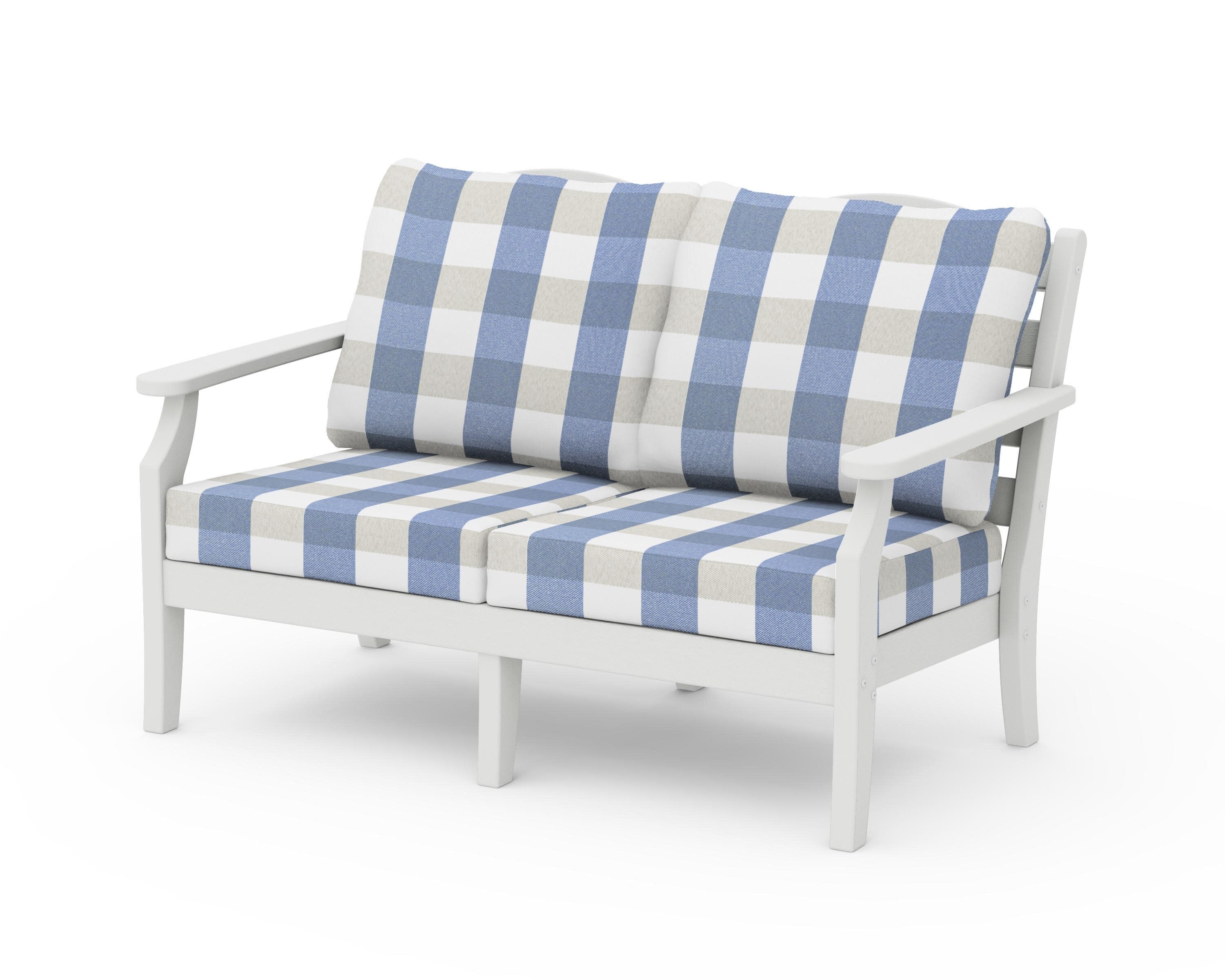 Savannah Deep Seating Loveseat in Vintage White / Buffalo Plaid Sky Blue