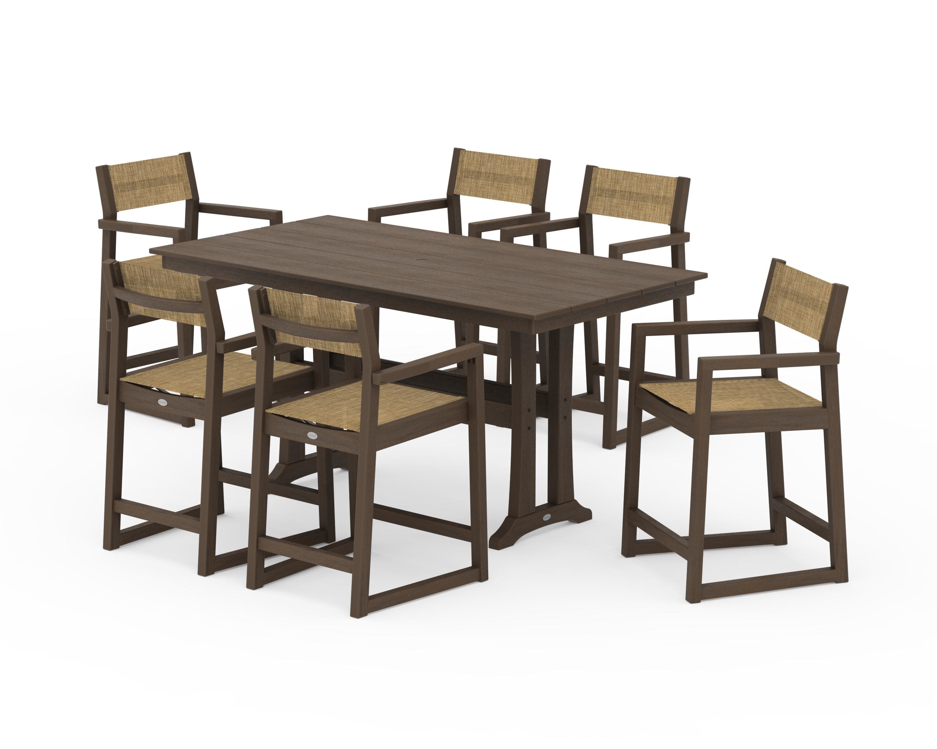 EDGE Sling Arm Chair 7-Piece Farmhouse Counter Set with Trestle Legs in Kona / Burlap Sling