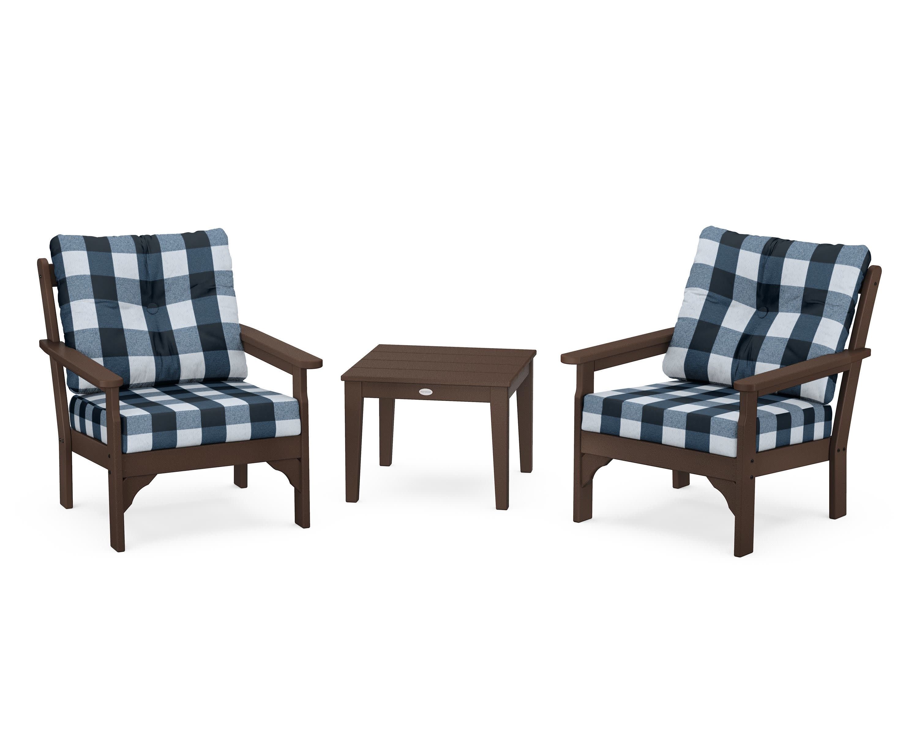Vineyard 3-Piece Deep Seating Set in Mahogany / Buffalo Plaid Marine Indigo
