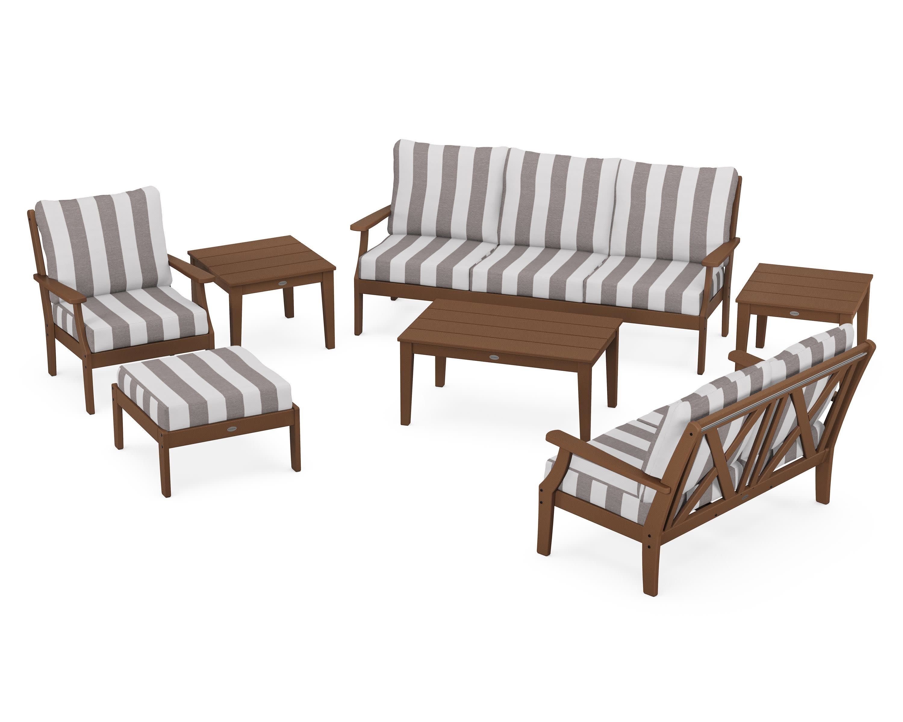 Braxton 7-Piece Deep Seating Set in Teak / Cabana Stripe Grey Mist