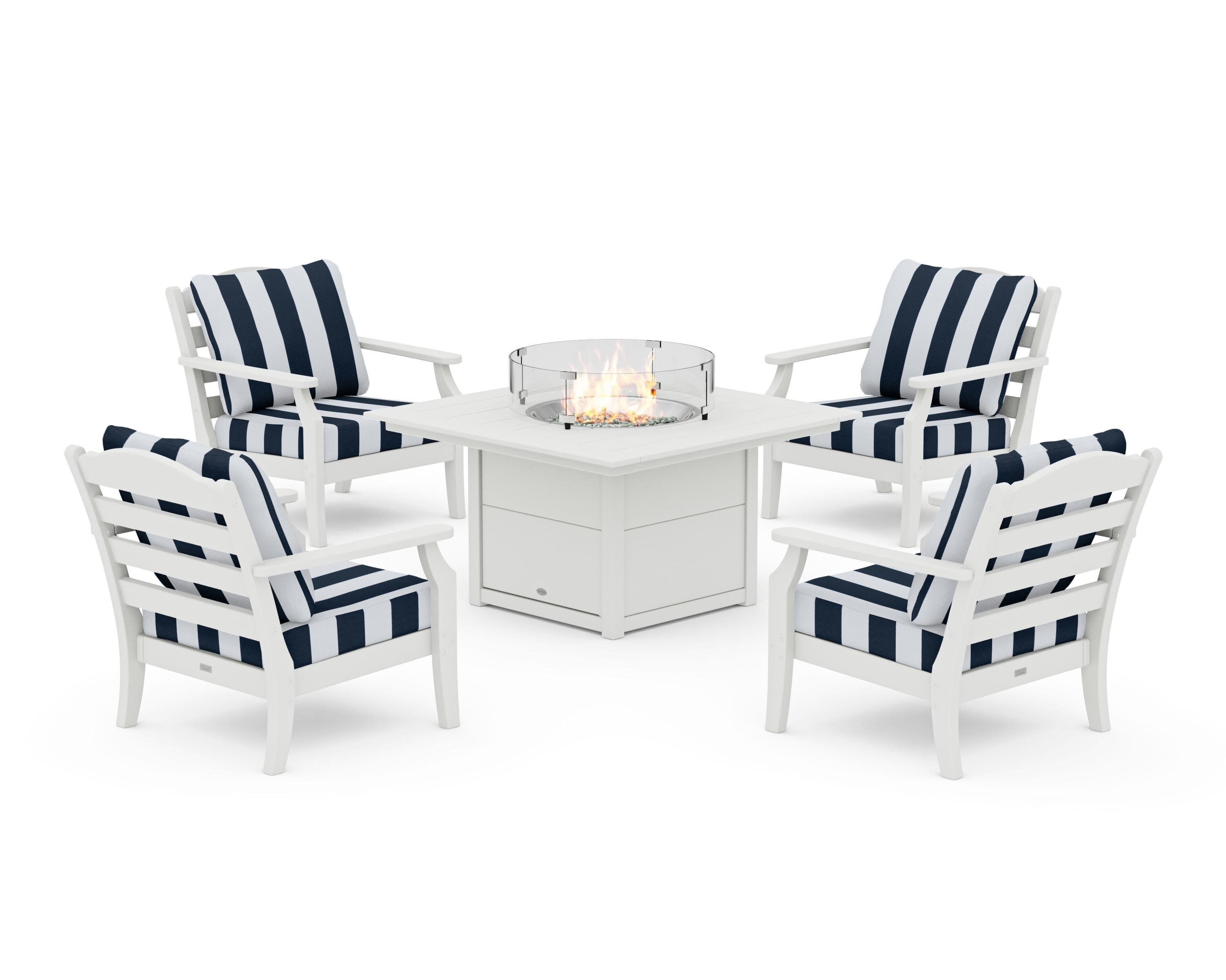 Savannah 5-Piece Deep Seating Set with Fire Pit Table in Vintage White / Cabana Stripe Marine Indigo