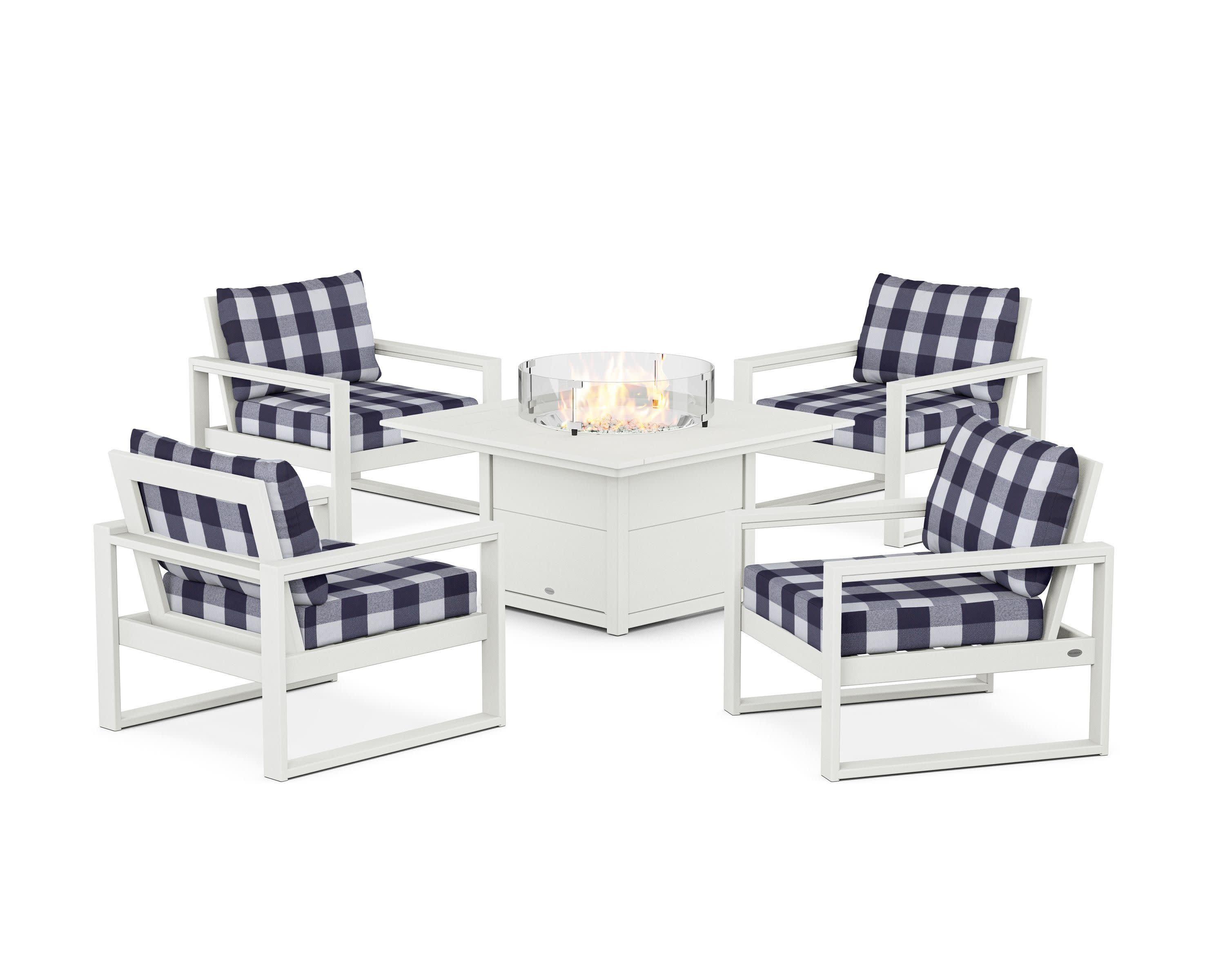 EDGE Sectional 5-Piece Deep Seating Set with Fire Pit Table in Vintage White / Buffalo Plaid Navy