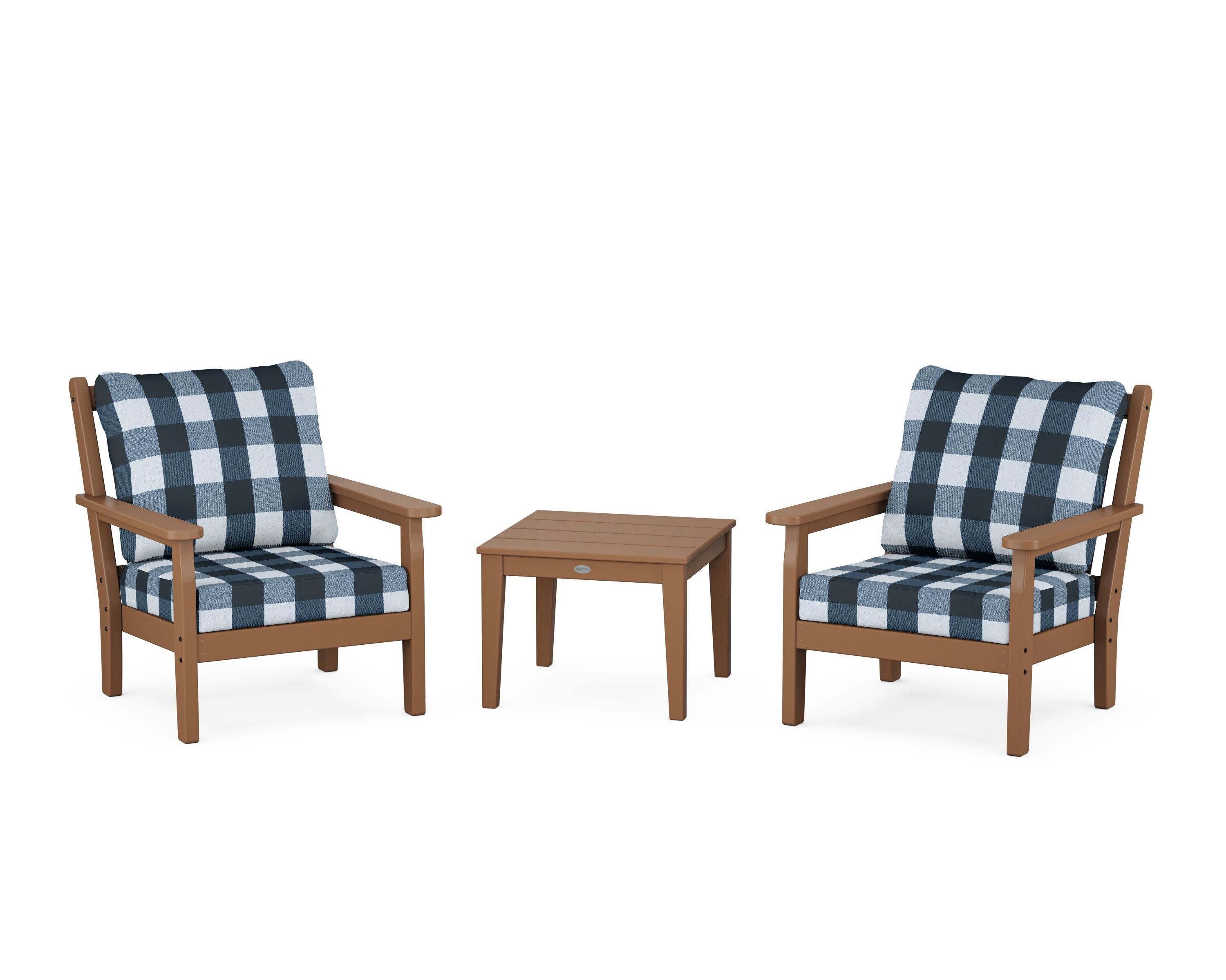 Chippendale 3-Piece Deep Seating Set in Teak / Buffalo Plaid Marine Indigo